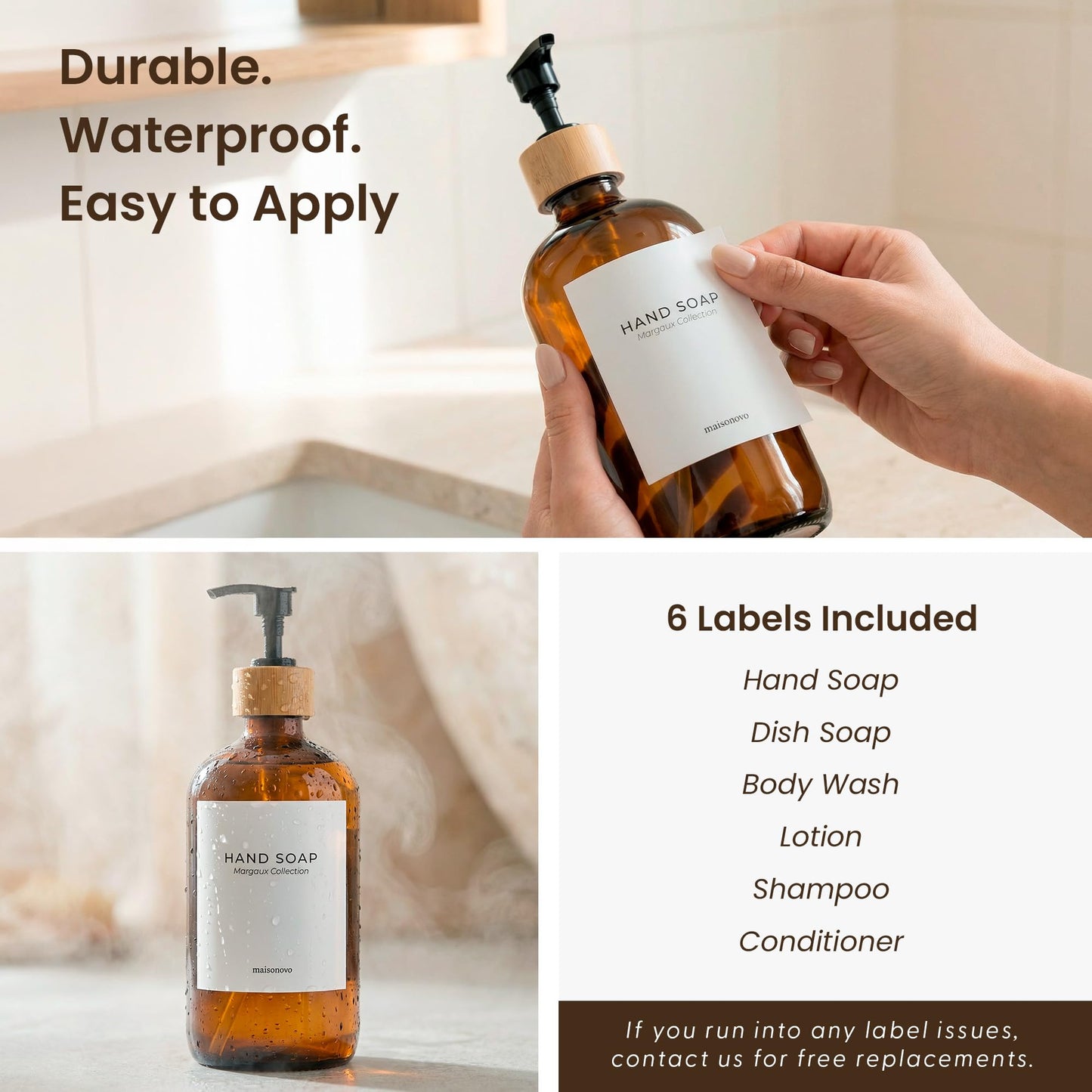 MaisoNovo Glass Dish Soap Dispenser for Kitchen Sink Set of 2-500 ml Dish and Hand Soap Dispenser Set for Kitchen - Amber Glass Bottles with Black Bamboo Pumps x 2, Bamboo Tray
