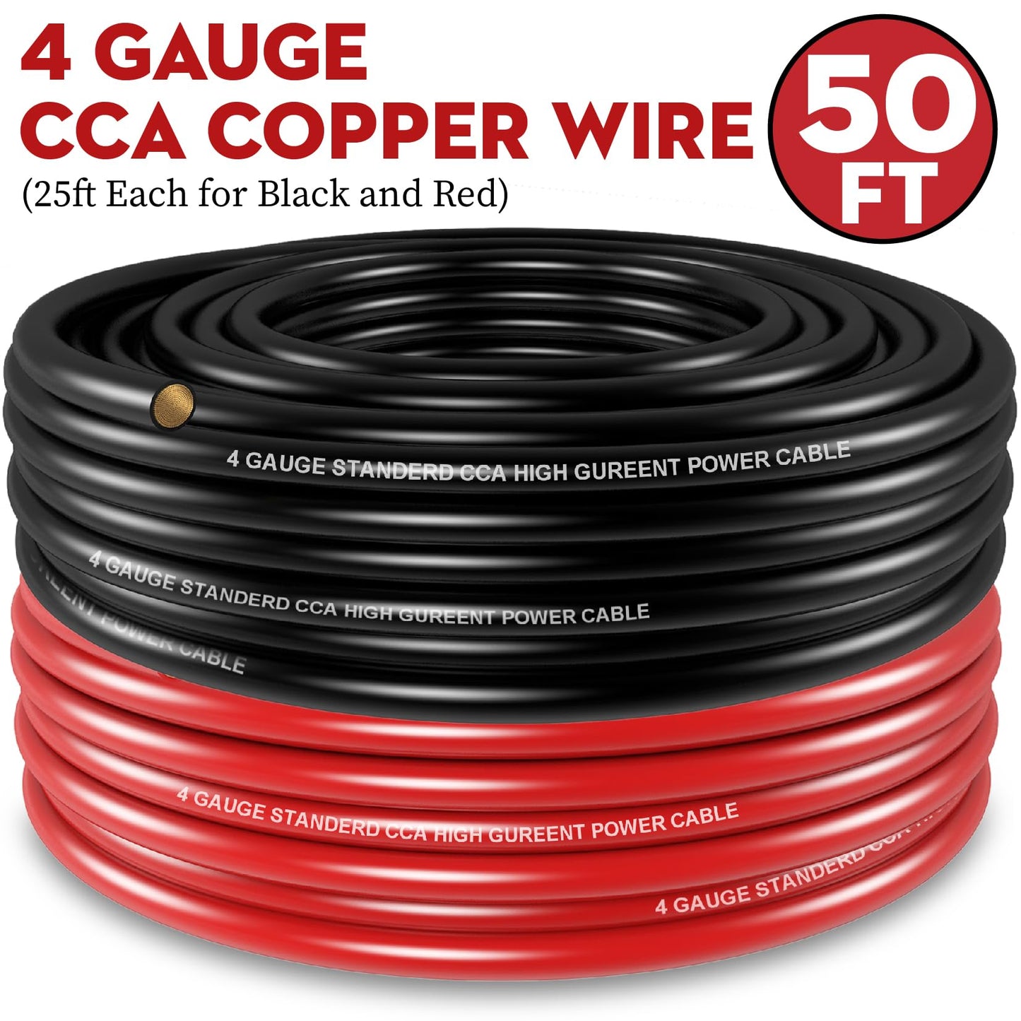Taigoehua 50FT 4 Gauge Wire (25ft Each - Black/Red) Copper Clad Aluminum CAA,with 4ga lugs,100A ANL Fuse Holder and Heat Shrink Tube, Car Amplifier Power & Ground Cable