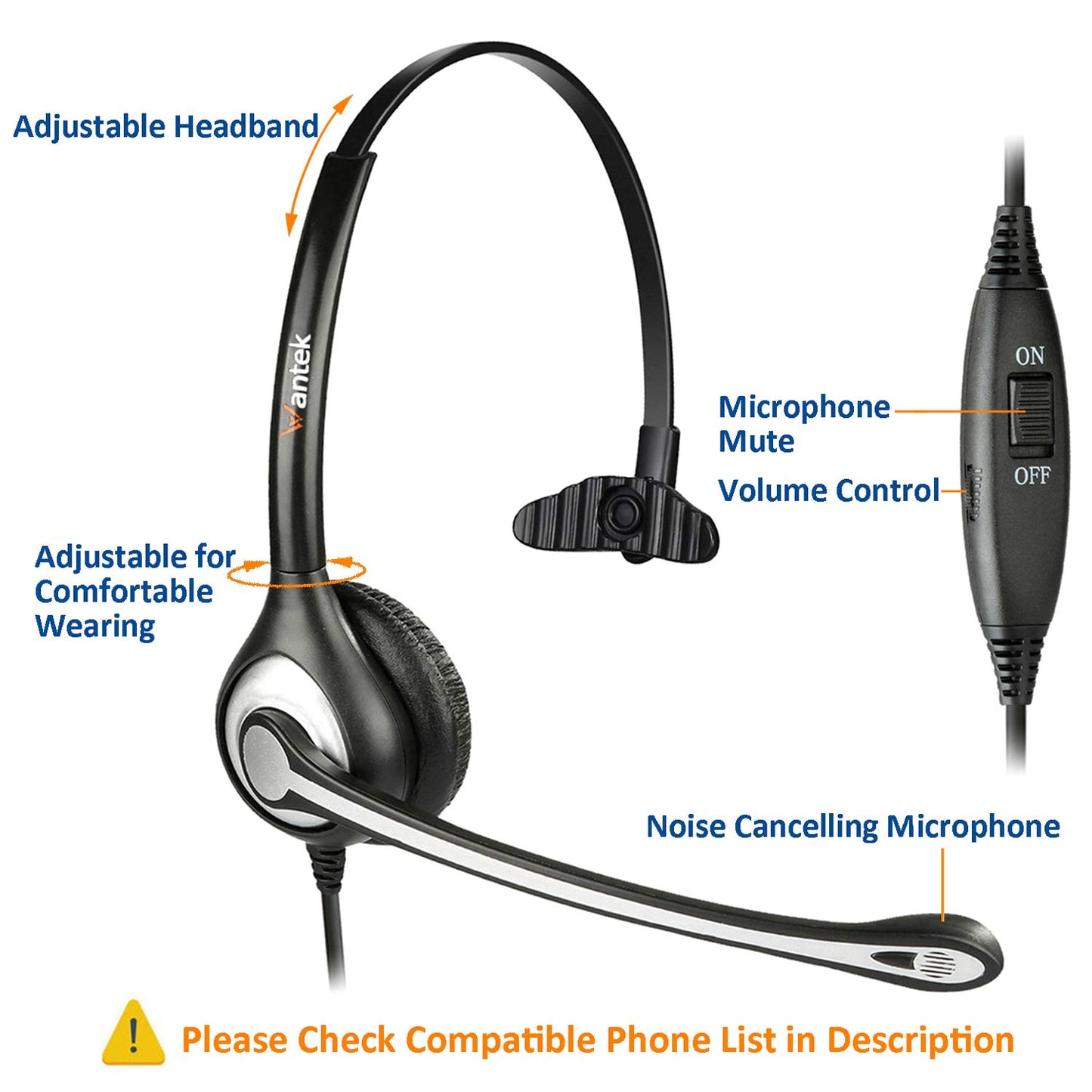 Wantek Corded Telephone Headset Mono w/Noise Canceling Mic for ShoreTel Plantronics Polycom Toshiba NEC Dterm Nortel Norstar Meridian Siemens ROLM Packet8 Landline Deskphones(F600S2)