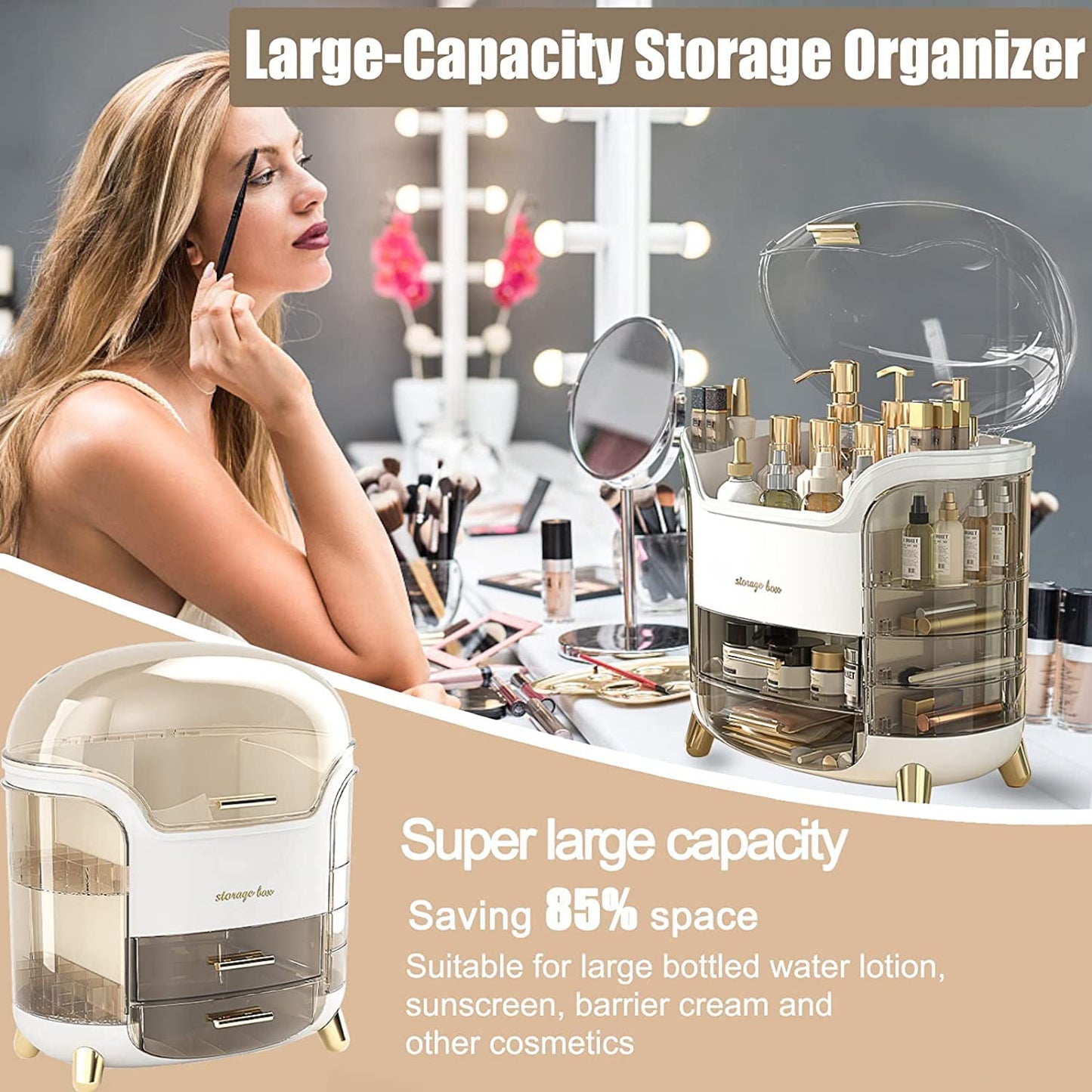 Makeup Storage Organizer,Cosmetics Display Case with Lid,Lipstick Organizer and Transparent Cover,Large Skincare Organizers for Bathroom Countertop,Bedroom Vanity Desk