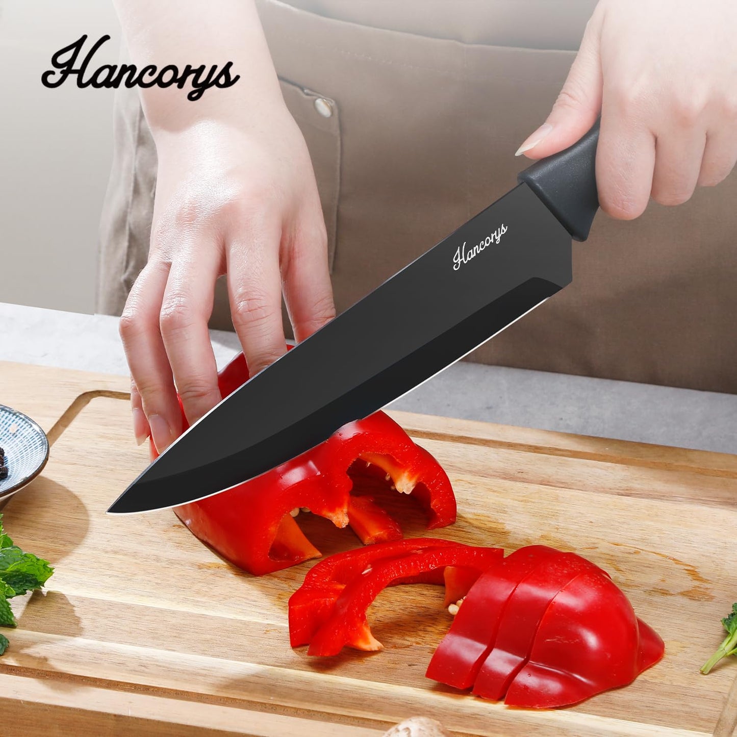 Hancorys Knife Sets for Kitchen with Block, 15 Pieces Chef Knife Set with Self Sharpening, Stainless Steel Nonstick Ceramic Anti-Rust Coating Blades, Ergonomic Handle, Black Grey