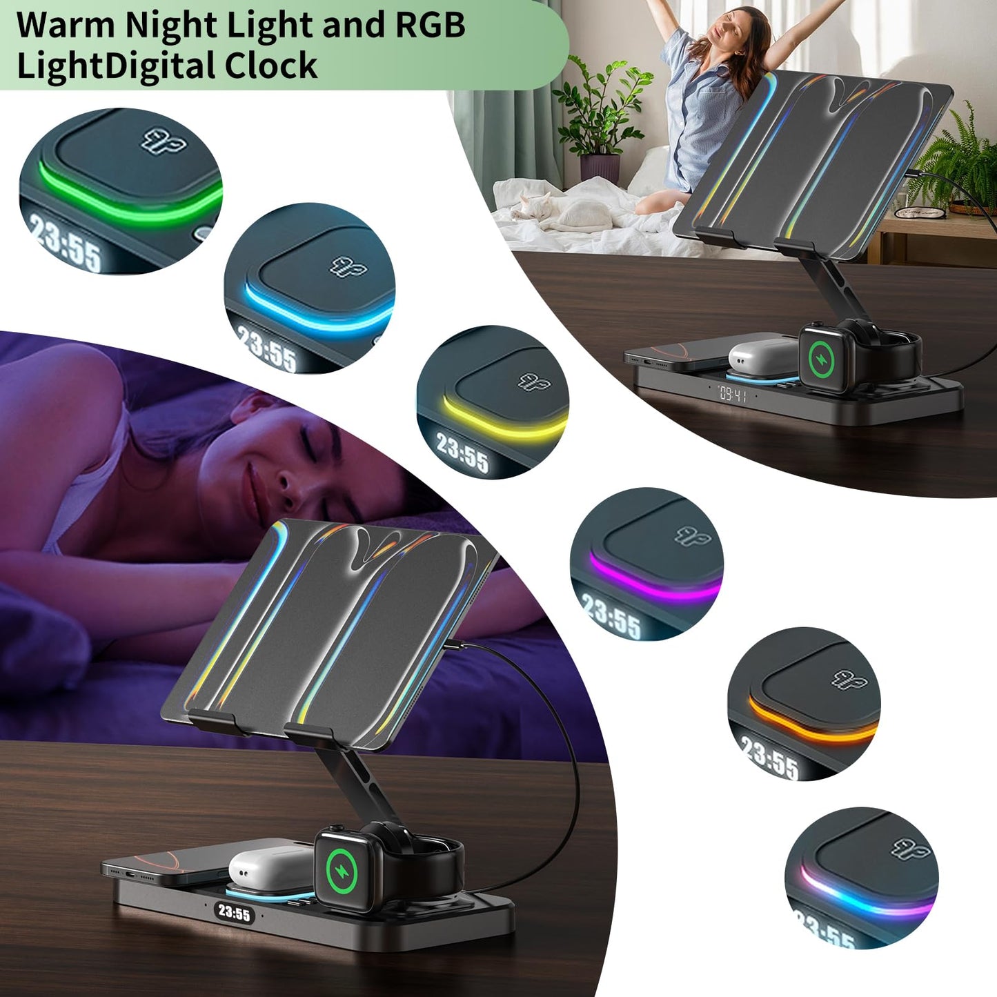 6 in 1 Wireless Charger Compatible for Apple Devices, iPad Charging Station with Digital Time & Night Light for iPhone 17/16/15/14/iWatch/Air-pods/iPad/Tablet Stand Holder