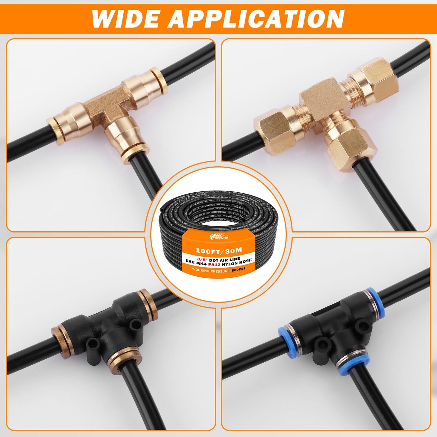 CheeMuii 100 FT 3/8" PA12 Nylon DOT Air Line SAE J844 DOT Air Hose 30.5 Meter 3/8 Inch OD Pneumatic Air Tubing Pipe Hose Line