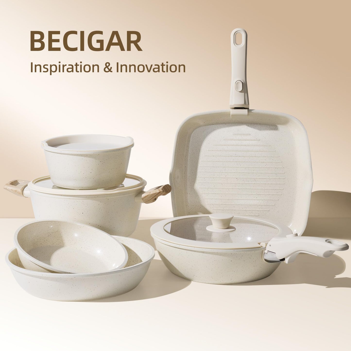 BECIGAR 8pcs Ceramic Pots and Pans Set, Non Stick Cookware Set, Detachable Handle Cookware, Induction Kitchen Cooking Set with Removable Handle,Oven Safe, Induction Fast, Stackable Cookware Set