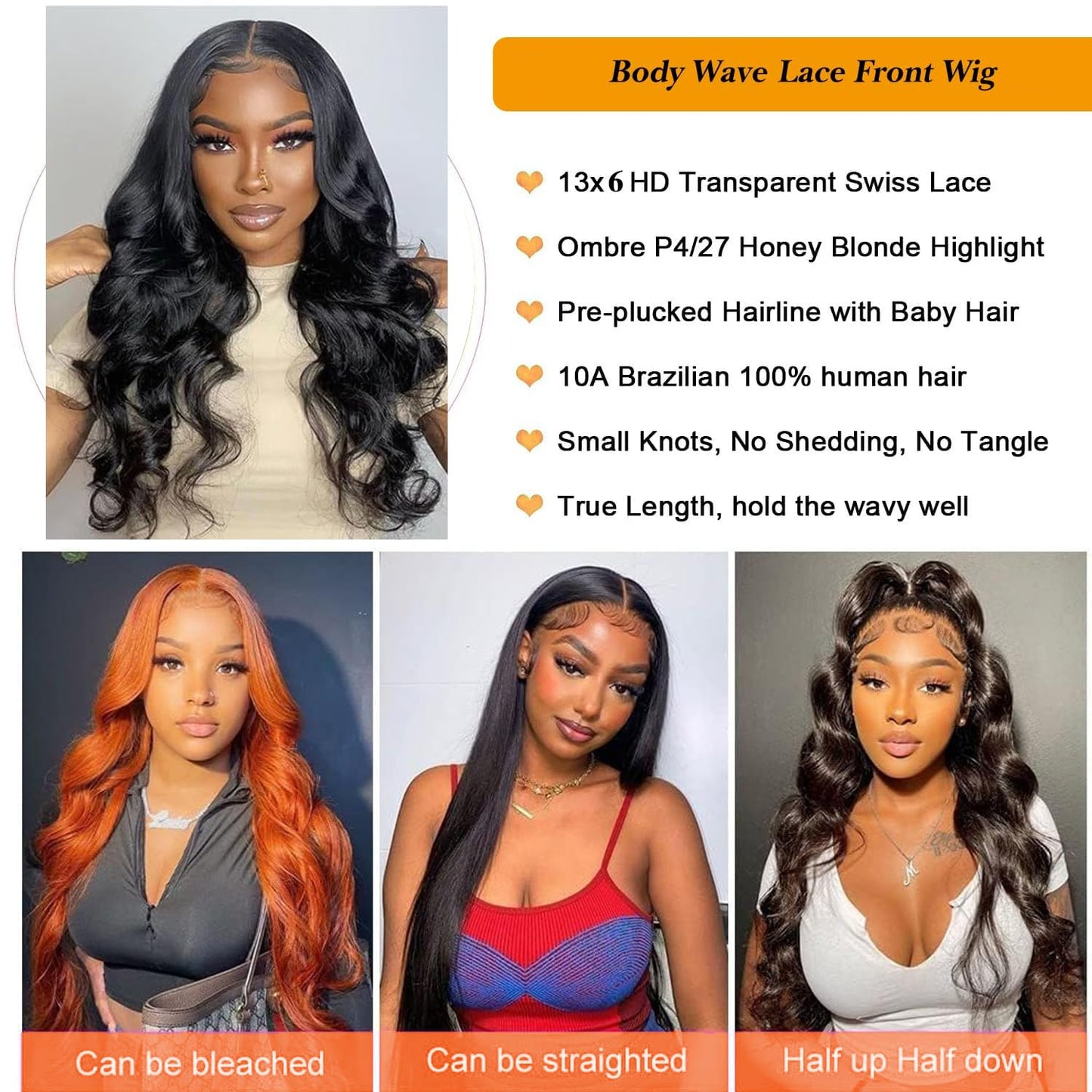 13x6 Body Wave Lace Front Wigs Human Hair 180% Density 24 Inch Bleached Knots Lace Frontal Wigs for Black Women Long Wig Natural Black (24 inch)