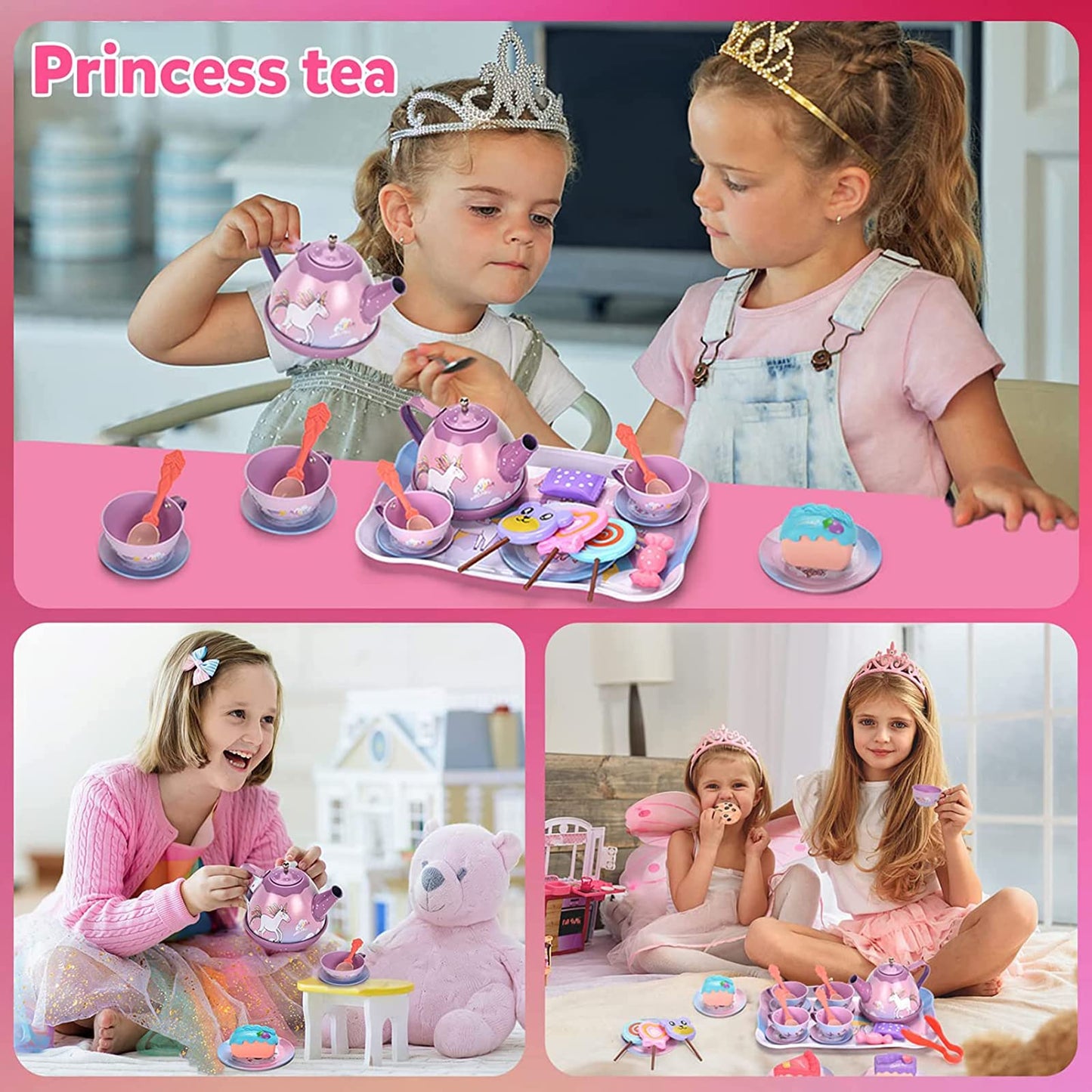 ZEAUBiM Kids Tea Set for Little Girls,Gift for Age 3 4 5 6 Year Old, Toddler Toys Tea Party Set for Little Girls, Princess Kids Kitchen Pretend Toy with Tin Tea Set (Unicorn Tin Teapot Set)