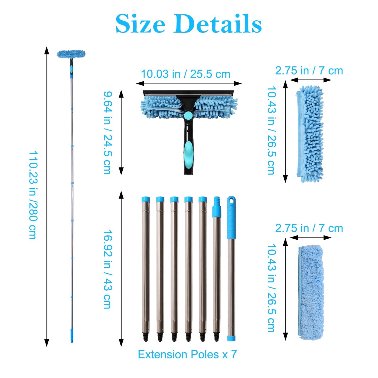 Terafeels 110.23in / 280cm Window Cleaning Tools, Window Squeegee: 2 in 1 Double-Sided Professional Cleaner Window Washing Kit with Extension Pole (Blue)