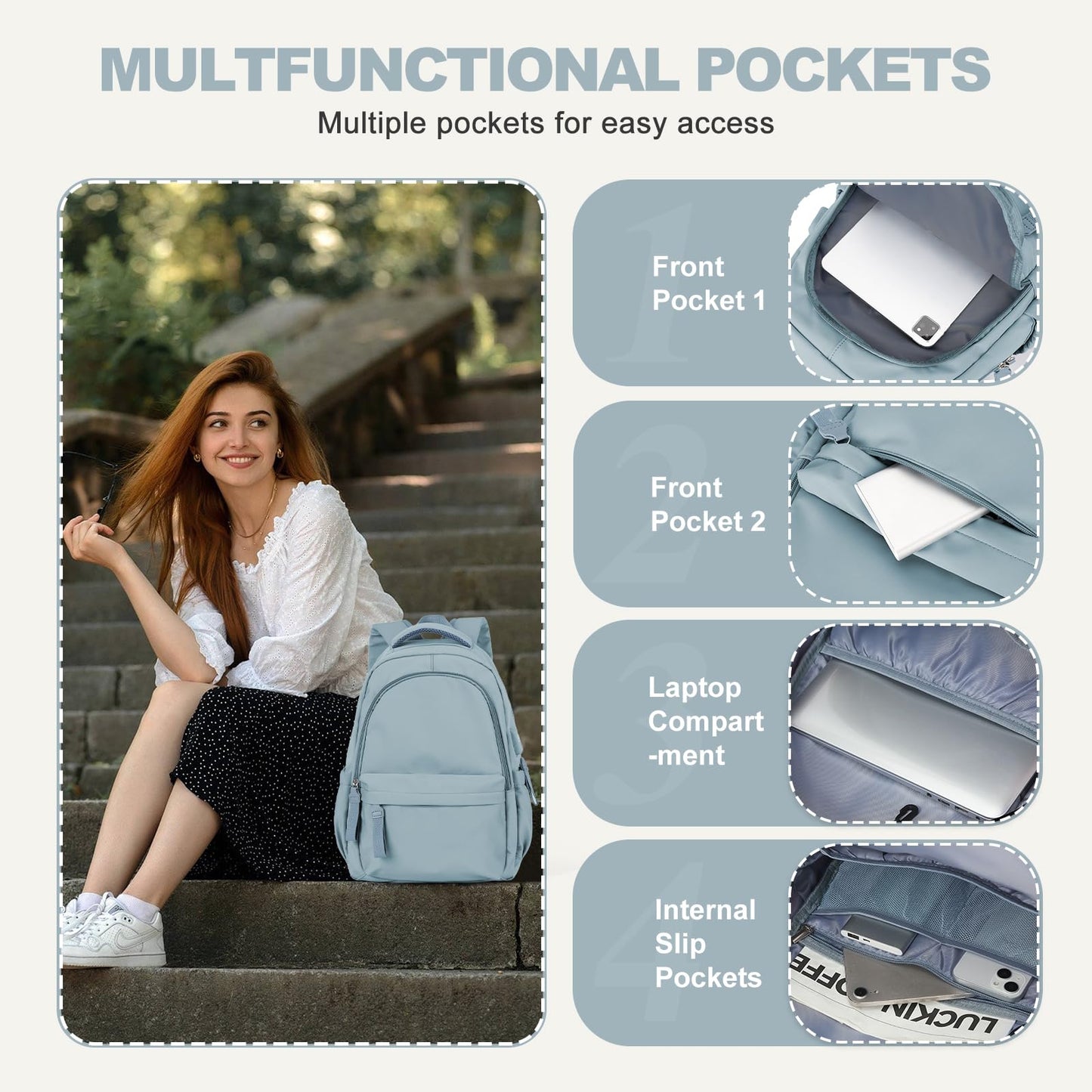 Backpack for School Women College High School Bag for Girls Teen Boys Book Bag Casual Travel Laptop Backpacks for Men Light Blue