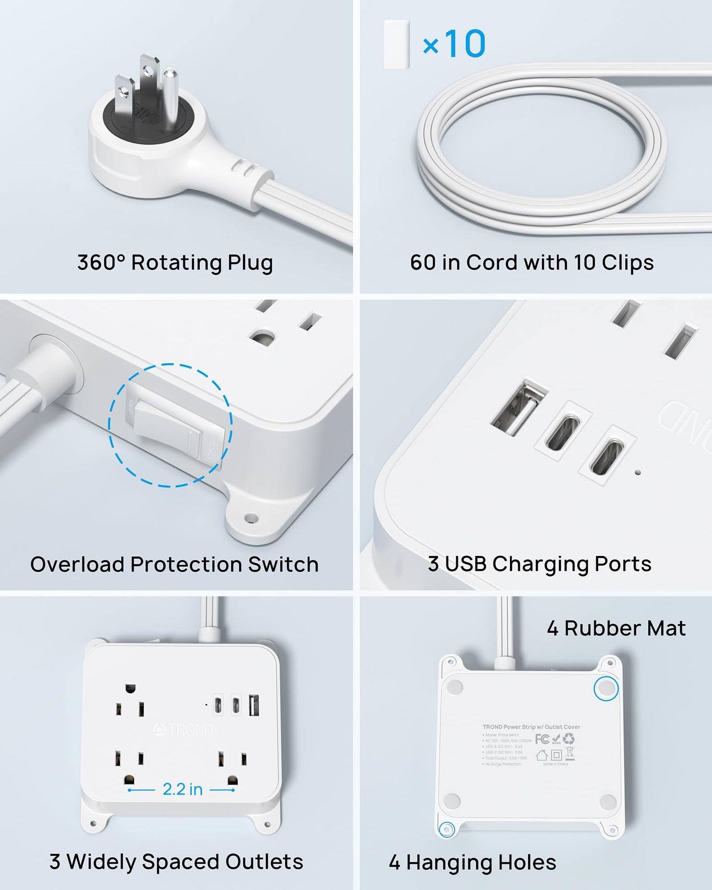 TROND 360° Rotating Plug Power Bar with 2 USB C, 5ft Flat Extension Cord Indoor, 3 Multi Plug Outlets, Wall Mountable, Power Strip for Hard-to-Reach Socket Behind Couch, Nightstand, Desk, White