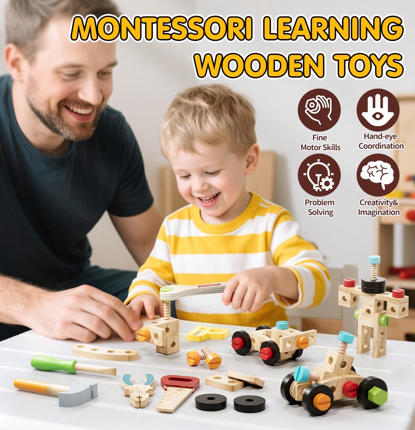 Lehoo Castle Wooden Kids Tool Set, Montessori Educational Toys for Toddler 3+, Pretend Play Tool Box STEM Construction Toy, Birthday Gifts Toys for 3 4 5 Year Old Boys & Girls