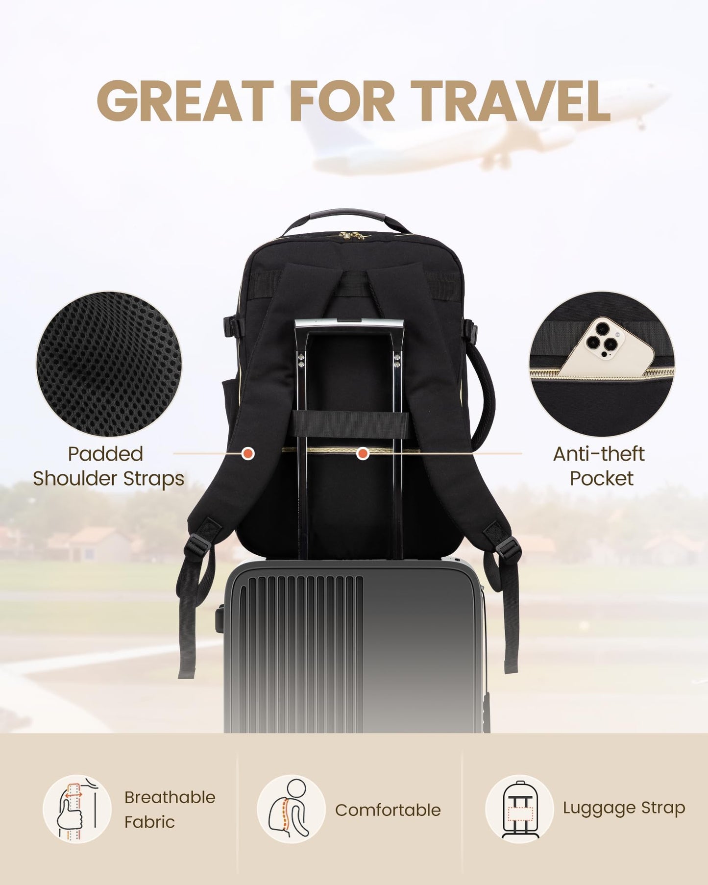 LOVEVOOK Travel Backpack for Women as Personal Item Flight Approved, 40L Luggage 17.3 inch Carry on Backpack Laptop Daypack Waterproof with 3 Packing Cubes, Black