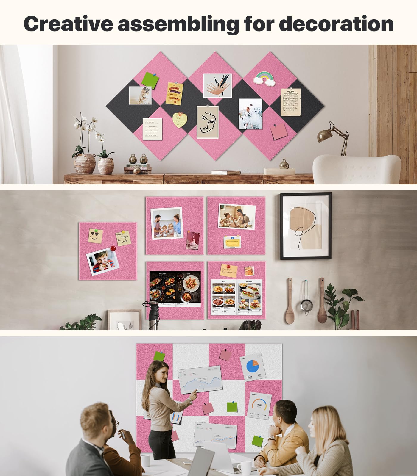 Large Cork Board for Walls - 12 Packs Bulletin Board,48"x36" Cork Board Felt Wall Tiles for Home, School & Office Decor Pin Board,Cork Felt Board DIY Vision Board -Pink