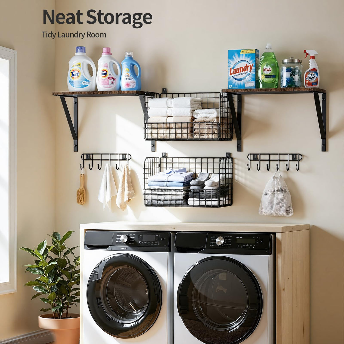 Housolution Garage Shelving Wall Mounted, Heavy-Duty Garage Wall Shelving with Baskets & Hooks Supports up to 154 LBS in Total, Tool Storage Organizer for Home, Garden, Kitchen, Laundry Room