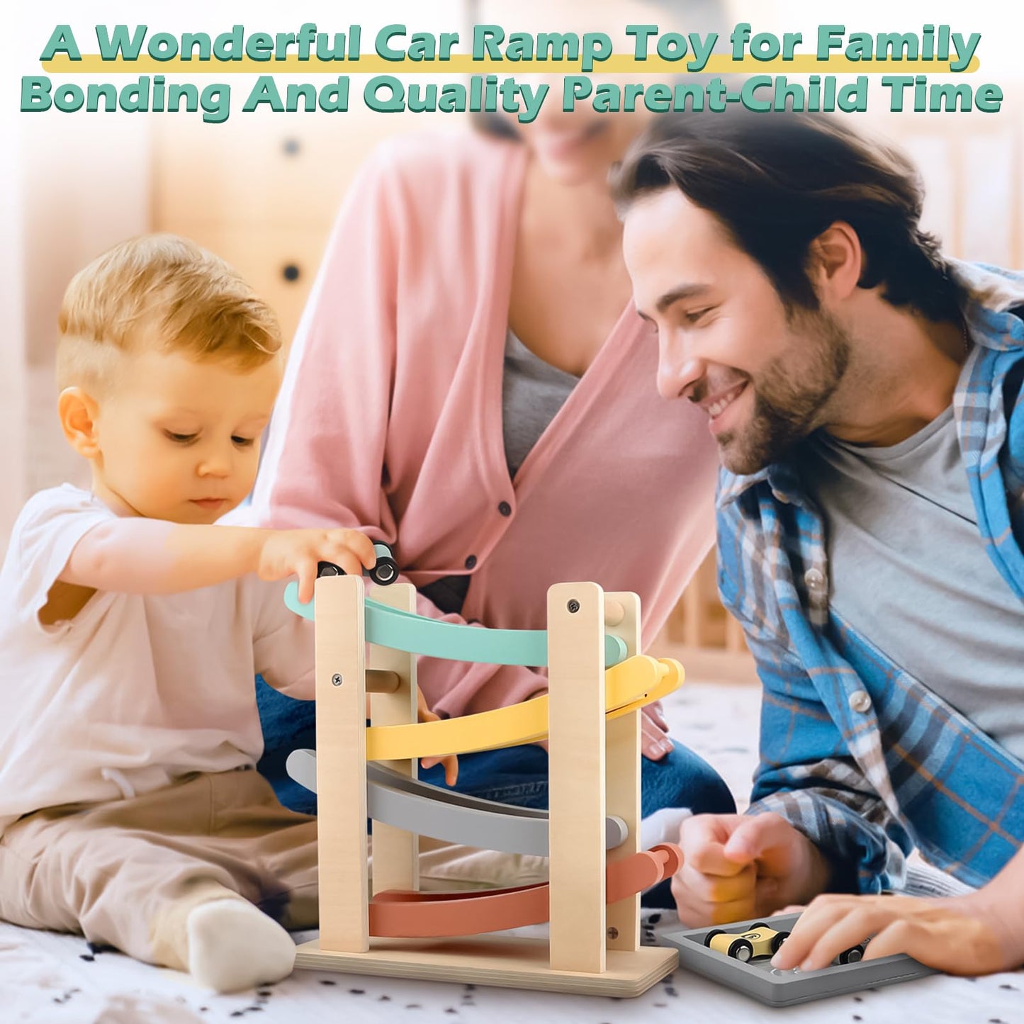 Montessori Toys for 1 Year Old Boy Gifts, Wooden Car Ramp Toys for 1 2 Year Old Boy Girl Birthday Gifts, Race Track Truck Car Toy with 4 Mini Cars/1 Parking Lot for Toddlers 1-3