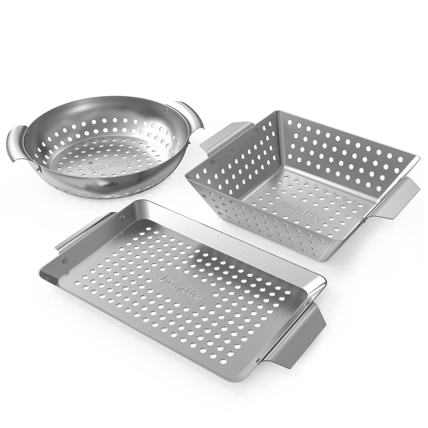 Onlyfire 3 Pack Grill Baskets, Stainless Steel Vegetable Baskets, Mini BBQ Grilling Basket Set, Grill Pan for Outdoor Grill