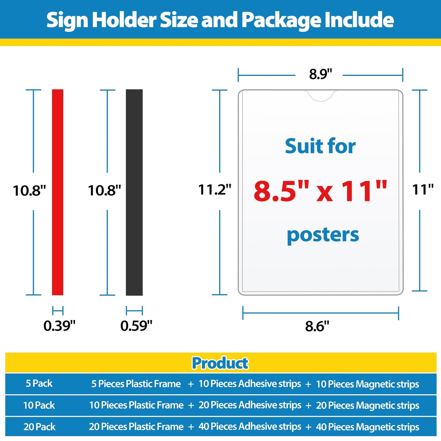 VAIIGO 20 Pack Wall Sign Holder 8.5 x 11 Magnetic Sign Holder, Magnetic Display Frame, Rigid Plastic Sign Holder with Magnetic and Adhesive Tapes, Adhesive Frame Document Holder Protectors Sign Holder