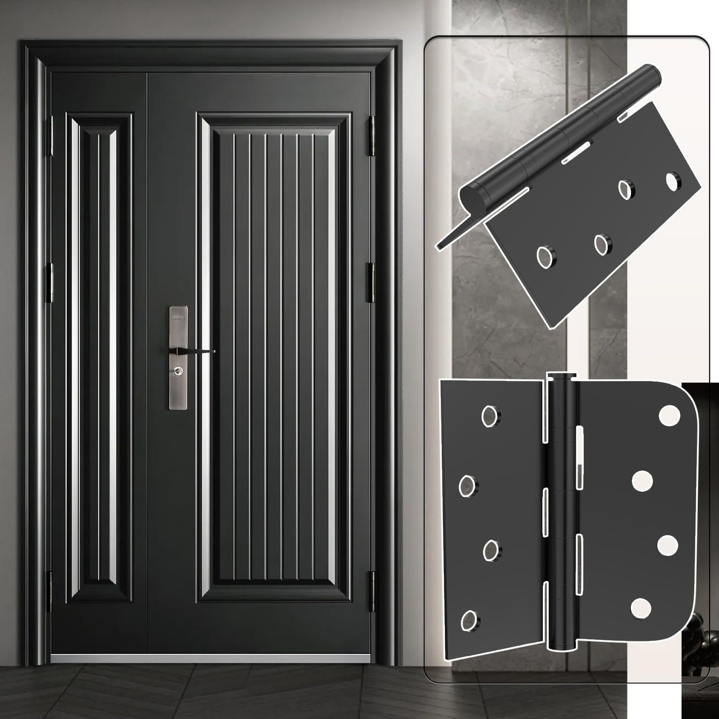 3-Pack Door Hinges, Stainless Steel Ball Bearing Door Hinges, Heavy Duty Door Hinges, 4" X 4" with 5/8" Radius Corner, (Matte Black)