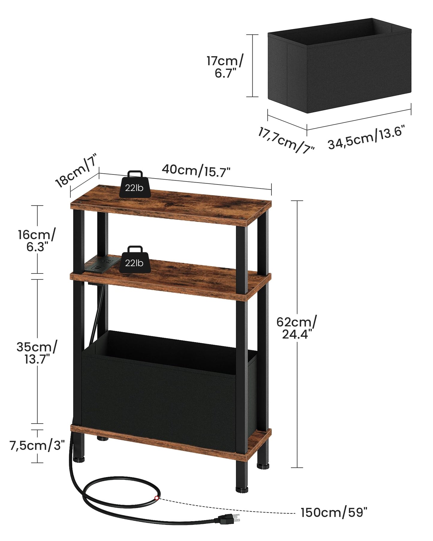 CHOEZON Narrow Side Table with Charging Station, Small End Table with Fabric Basket, Slim Nightstand for Small Spaces, Skinny Side Table, for Living Room, Bedroom, Rustic Brown and Black TBZ07UBF