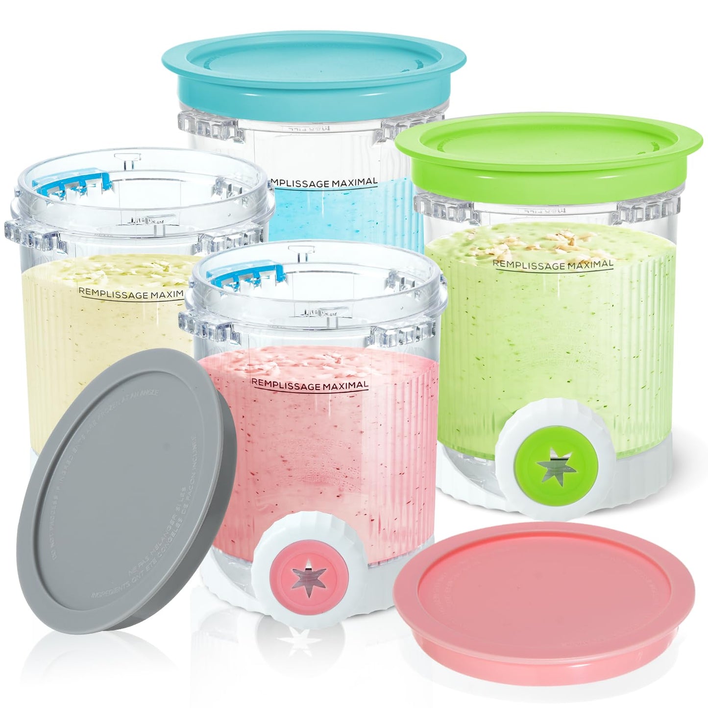 4 Pack Pint Containers Replacement for Ninja Swirl Ice Cream & Soft Serve Makers, 16oz Creami Swirl Pints and Lids Compatible with NC700 NC701 Series, BPA-Free & Dishwasher Safe (Color Lids)