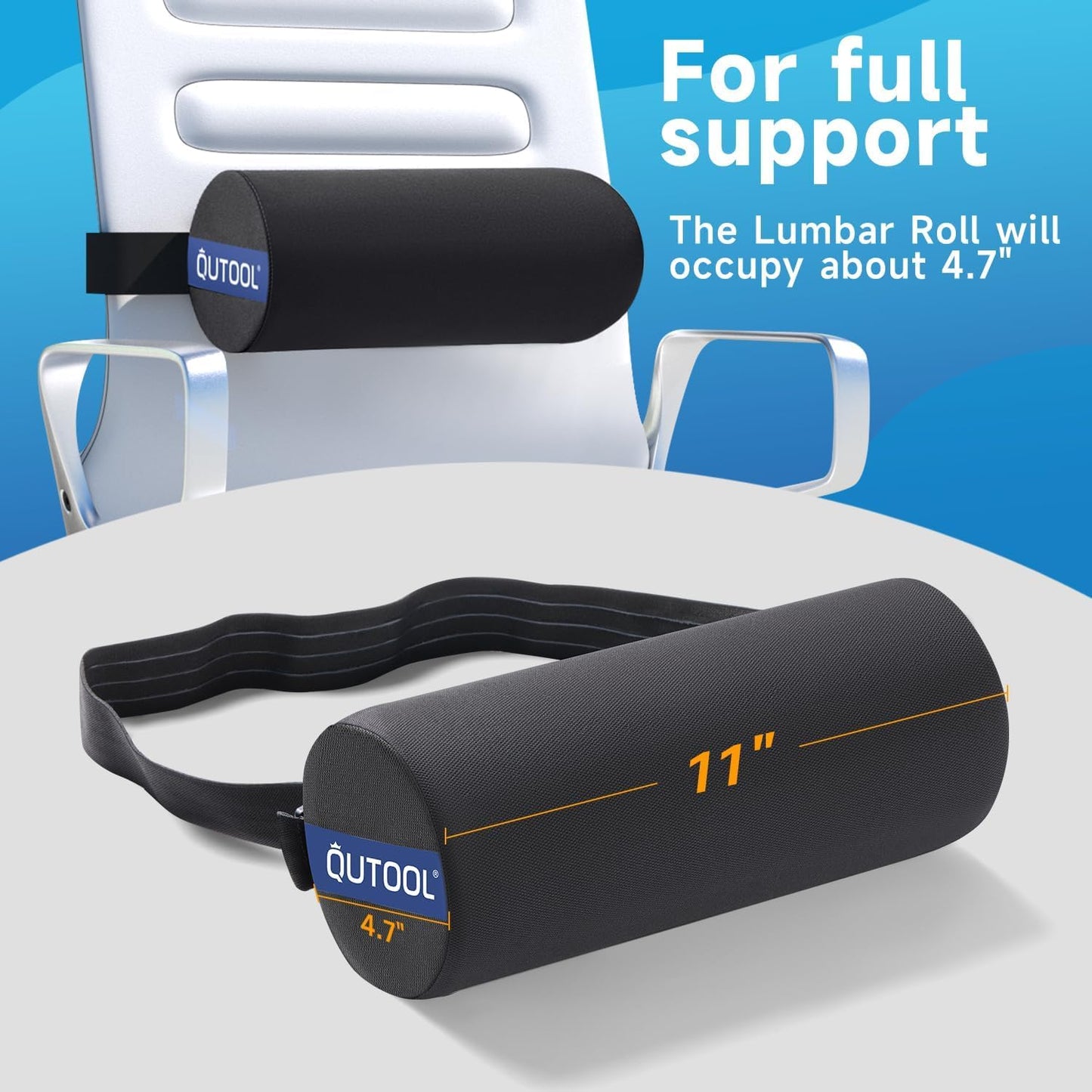 QUTOOL Lumbar Roll Support for Office Chair – Lower Back Support Cushion for Sitting, Anti-Slip Adjustable Strap, Firm Foam, Removable Washable Cover