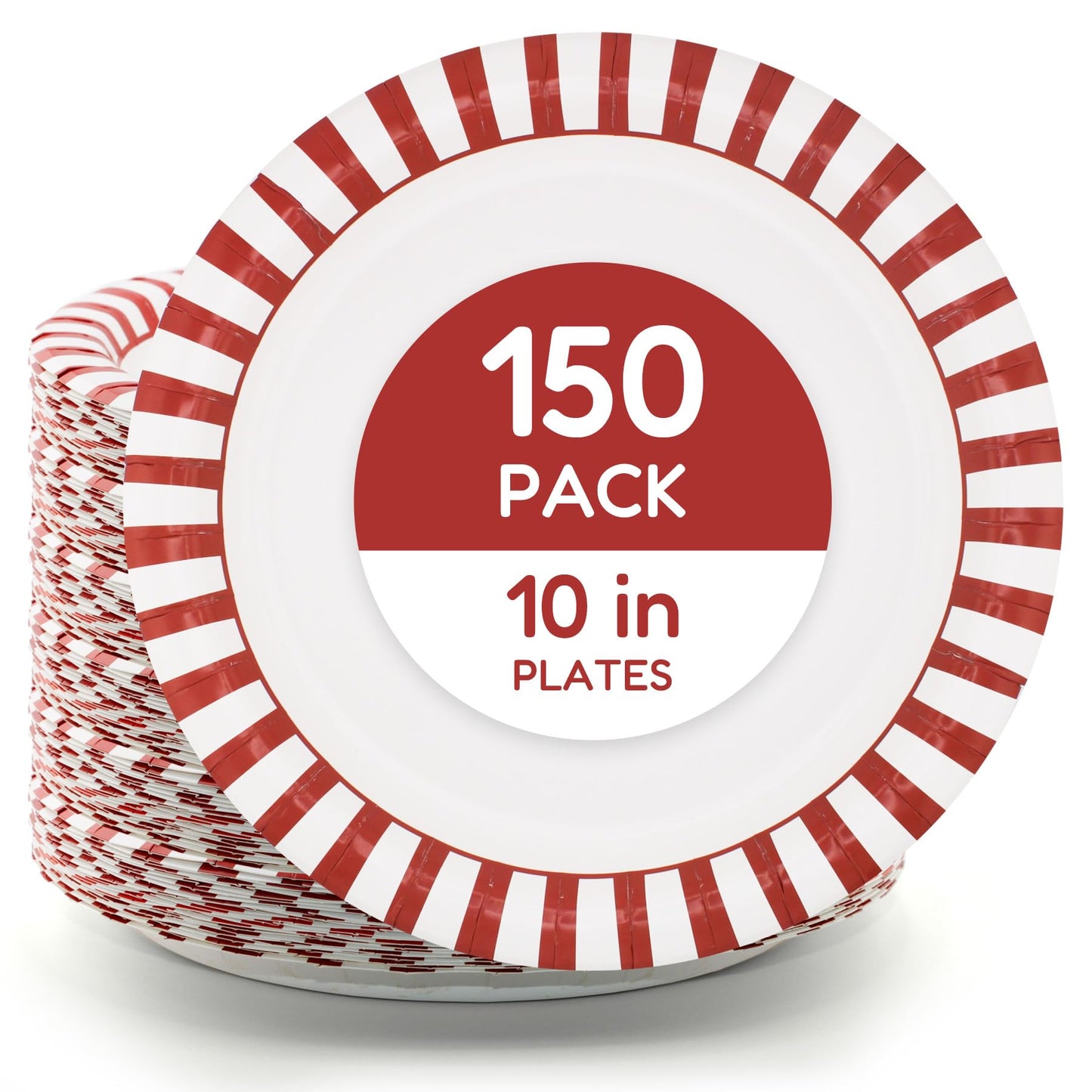 yesbox 150 Pack 10 Inch Red and White Striped Paper Plates, Soak & Grease Proof, Disposable Heavy Duty Dinner Plates for Holiday Parties, Christmas, Winter Events