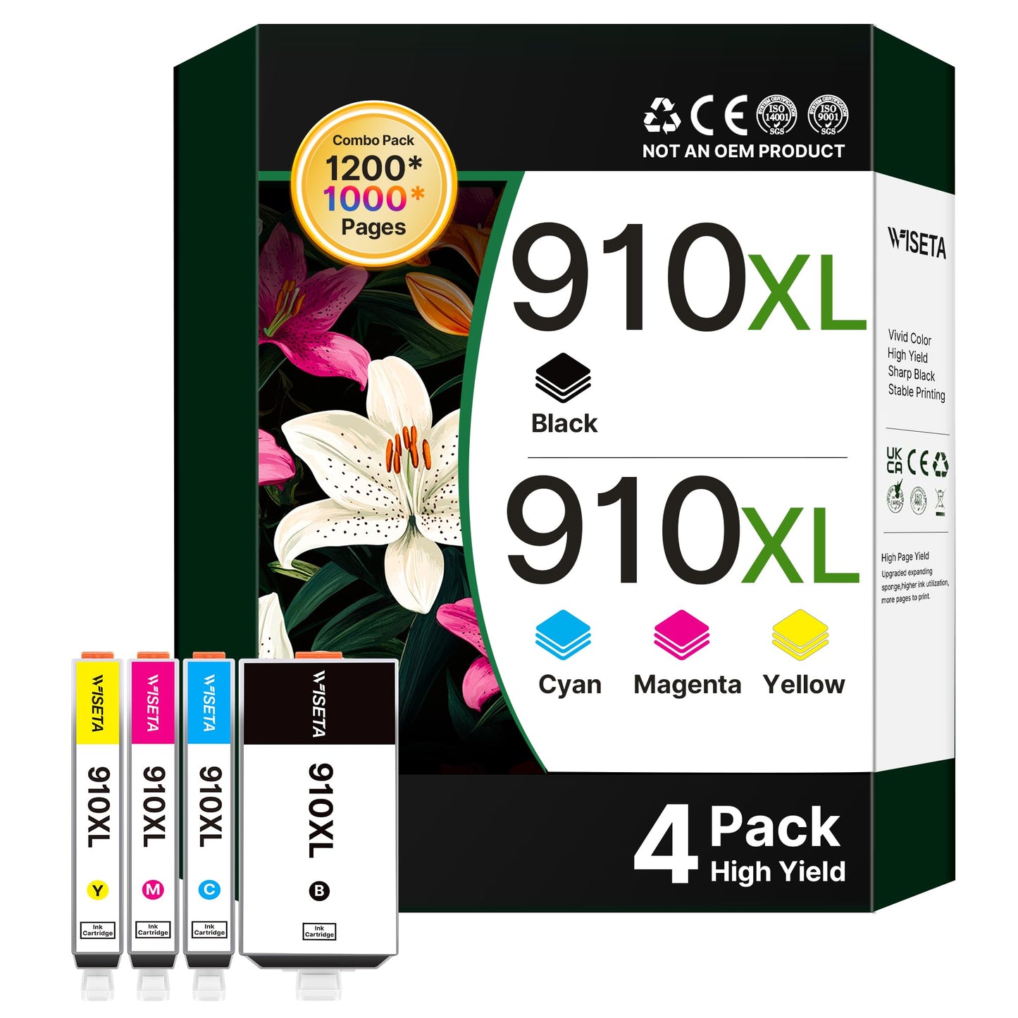 910XL Ink Cartridges for HP Printers (4-Pack) Black Cyan Magenta Yellow Replacement for HP 910XL Ink Cartridges Combo Pack Works for OfficeJet 8010 8020 Series, Pro 8025e 8020, 8030 Series 3JB41AN