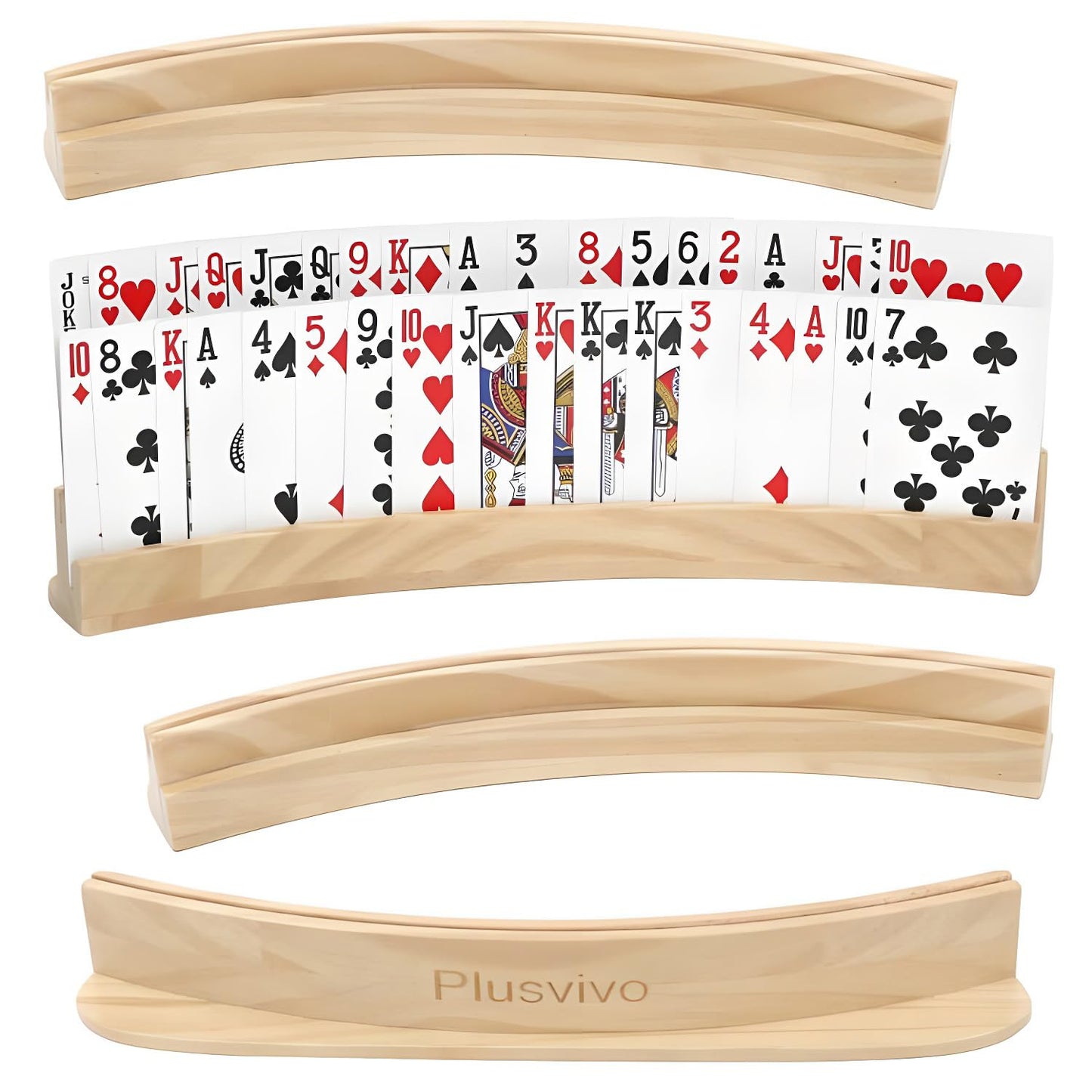 Plusvivo Set of 4 Curved Playing Cards Holders for Seniors Adults Kids 2-Layer, Solid Wooden Card Holders for Playing Cards 13 X 1.9 X 2.4 Inch for Bridge Canasta Foot and Hand