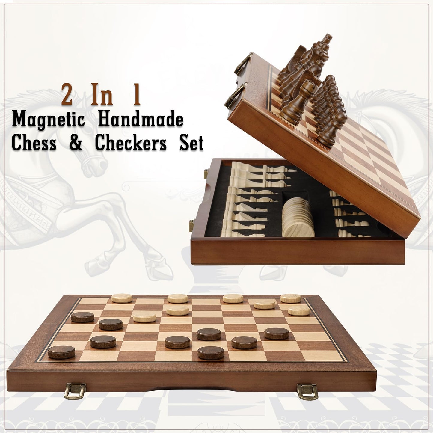 FREYBLI Magnetic Wooden Chess Board Set for Adults Kids, Handcrafted 15 Inch Chess and Checkers Set, Folding Portable Travel Unique Chess Game for Tournament Professional Beginner, 2 Extra Queens