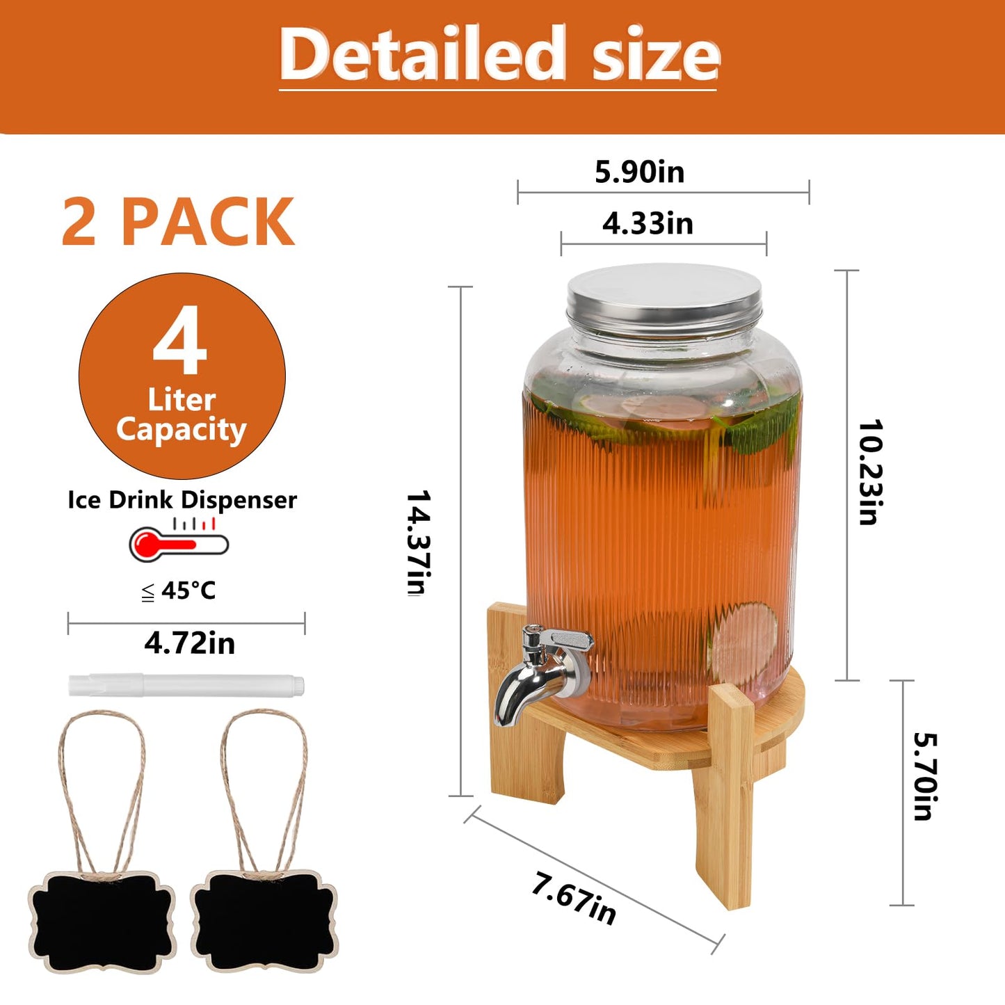 Hiziwimi 2 Pack Beverage Dispenser with Banboo Stand - 1 Gallon Glass Drink Dispenser for Parties with Spigot Solid Stainless Steel, Used As Iced or Hot Lemonade Juice Punch Dispenser