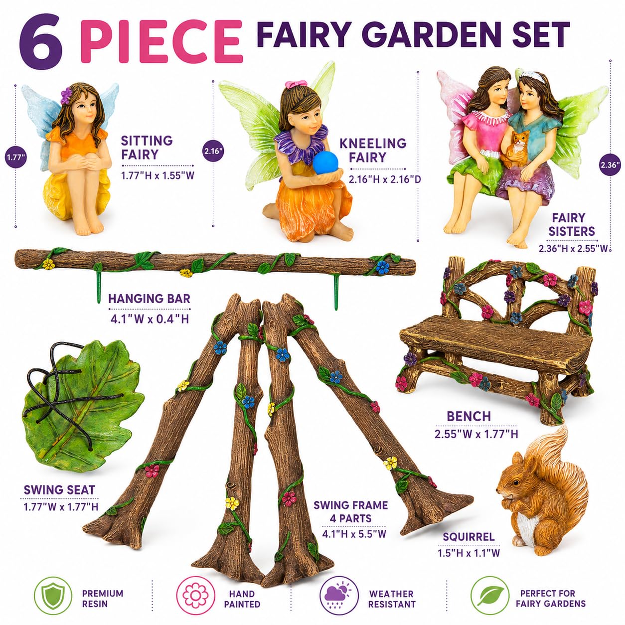 Mood Lab Fairy Garden Swing Set - Miniature Figurines & Accessories (6 pcs) - Indoor Outdoor Garden Decor