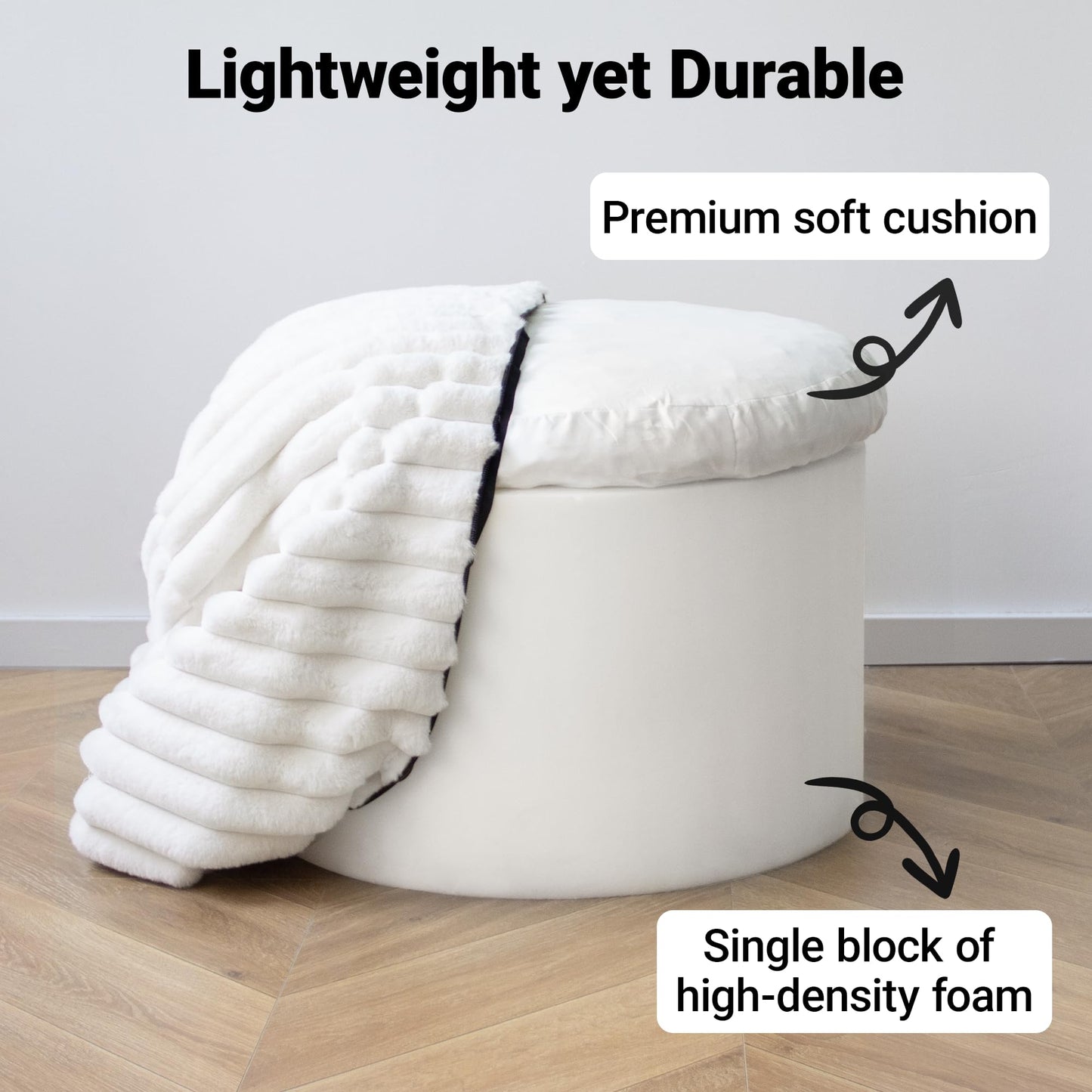DAWNYIELD Round Stuffed Pouf Ottoman Stripe Faux Fur Footrest Stool, Solid Block Support+Soft Cushion Comfort, Removable Washable Cover, 20" Floor Pouf for Living Room Bedroom Dorm Vanity, Cream Beige