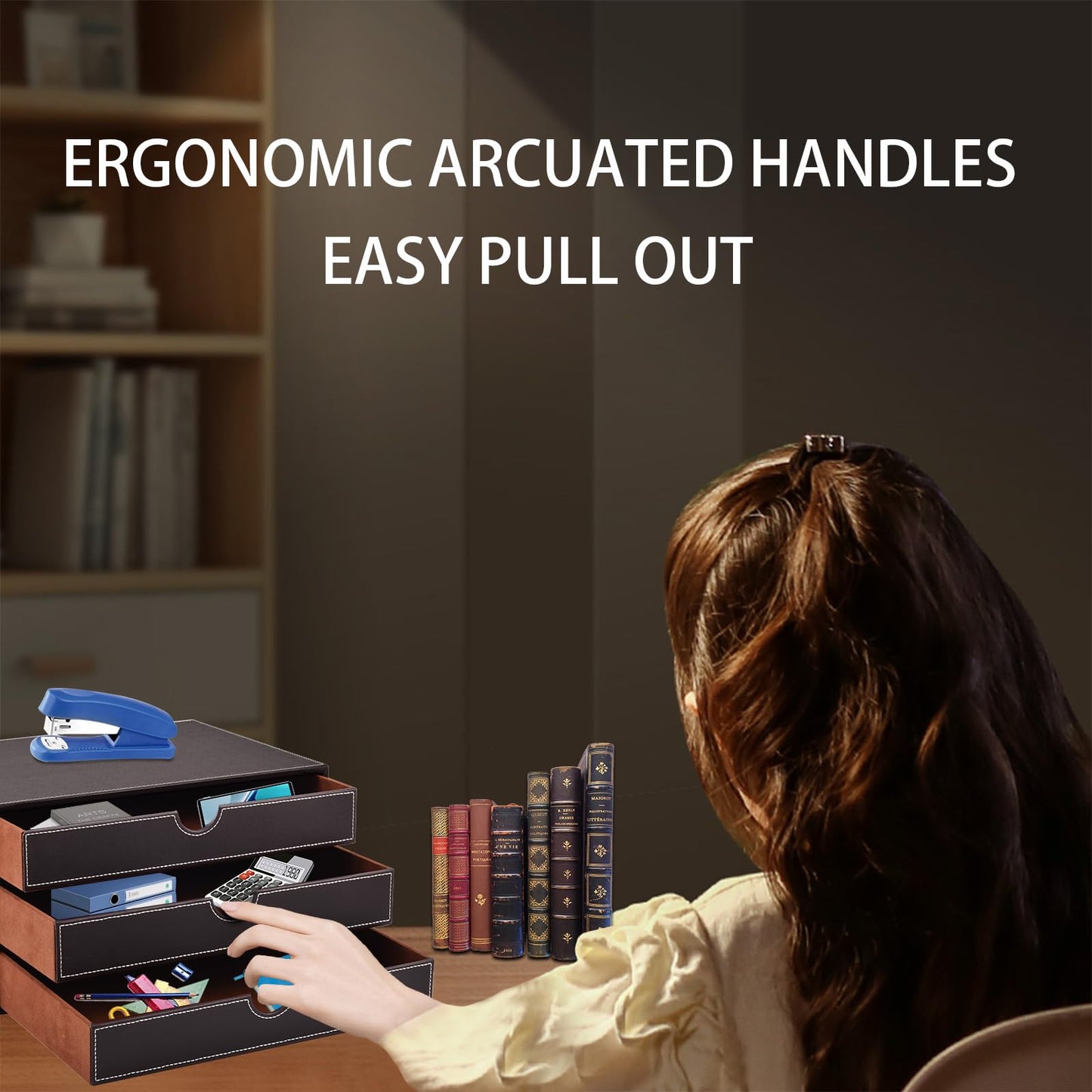 Faux Leather Desk Organizer with3 Drawers Executive Office Supplies Desktop Filing A4 File Cabinet/Holder,Stackable Storage Box for Jewelry/Bill/Paper/Documents/Makeup Home Decor Accessories(Brown)