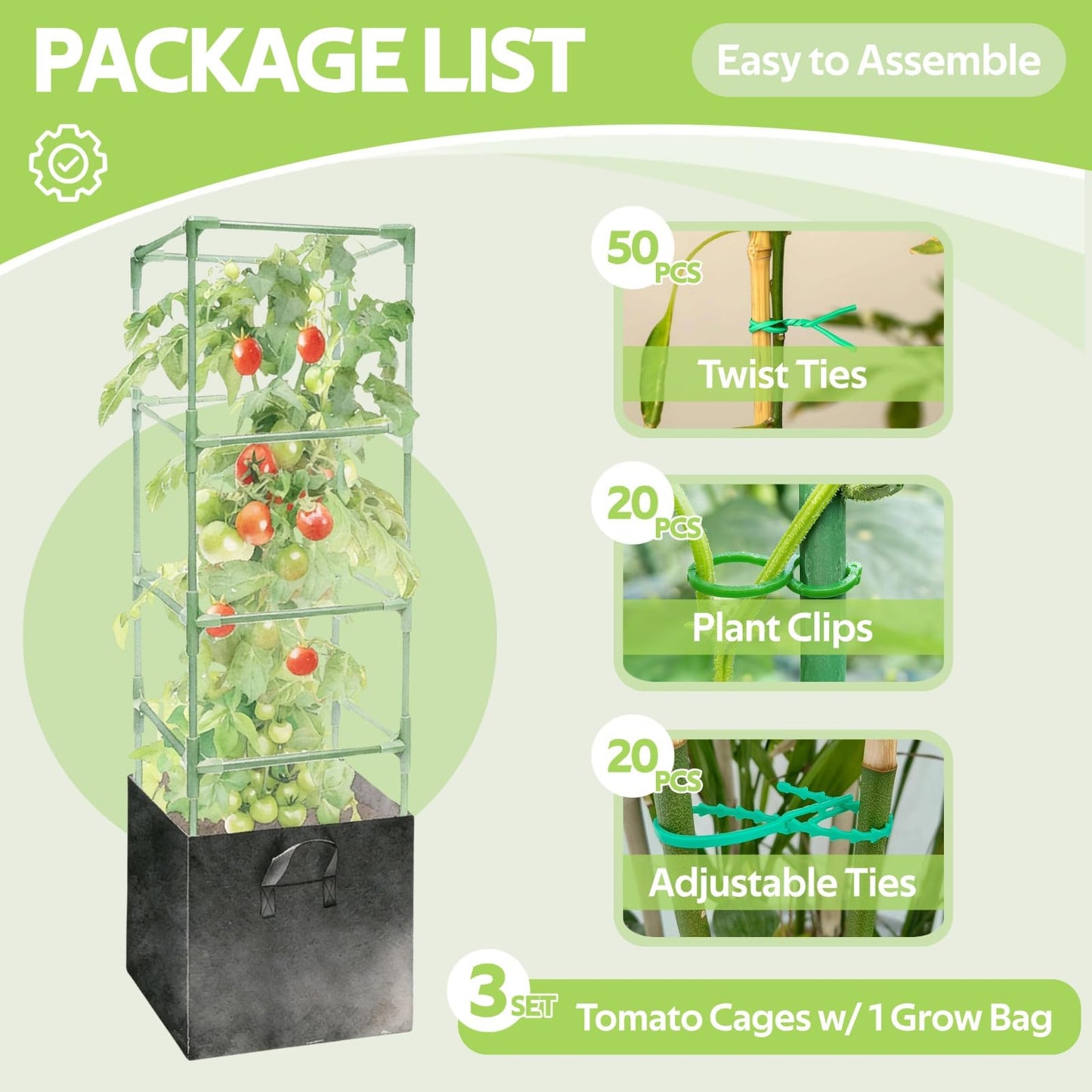 Glazeal 3 Pack Tomato Cages with 17 Gallon Grow Bag - 120cm Square Plant Support Trellis Tomato Planter Pots Kit - Garden Stakes for Vertical Climbing Plants Vegetable Flower Fruit Outdoor Indoor