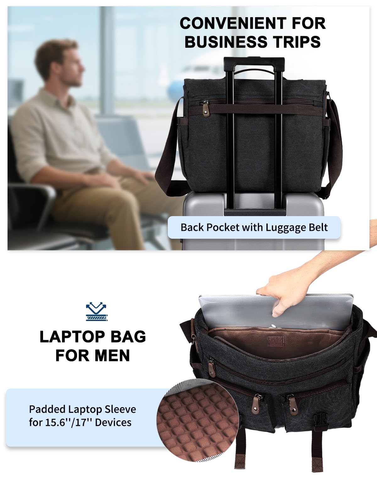 Messenger Bag for Men Women，Kasqo 17 Inch Large Canvas Laptop Bag Water Resistant Shoulder Bag Satchel Computer Briefcase for Office Business Travel School Dark Gray