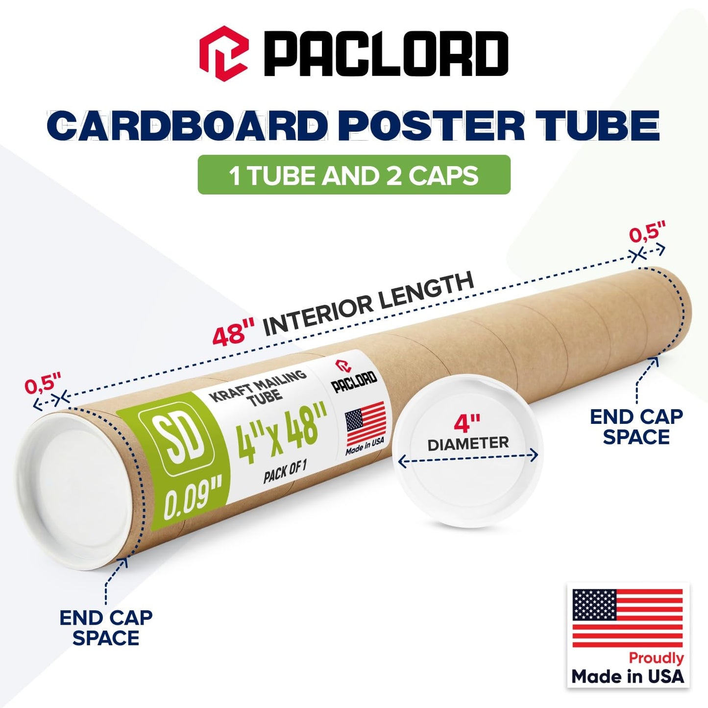 4x48 inches Reinforced Kraft Paper Tube, Pack of 1 Tube with 2 Lids, USPS Approved Poster Tube Safe, Cardboard Tube Made in USA for Shipping and Storage