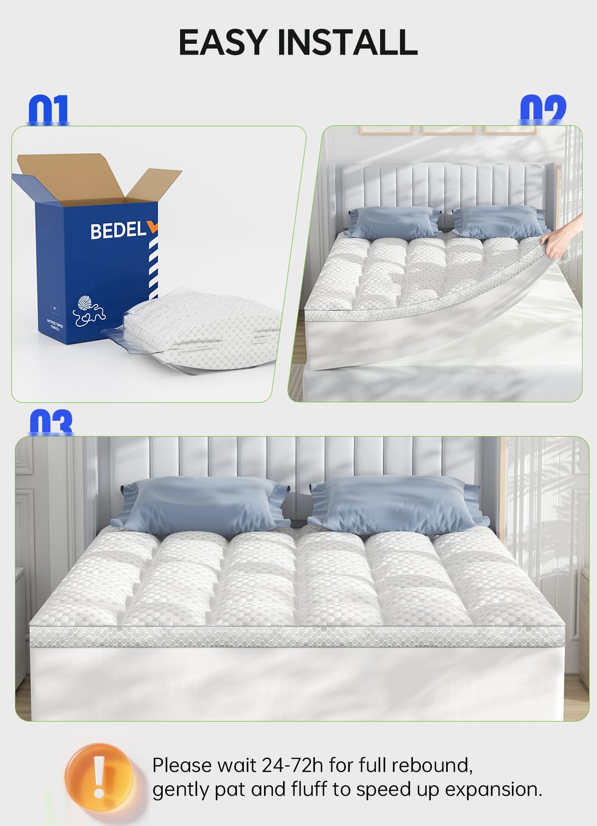 BEDELITE Queen Mattress Topper 3 Inch Thick Mattress Pad, Plush Pillow Top Bed Cover with Elastic Deep Pockets 6-24 Inch, Shredded Memory Foam Filling