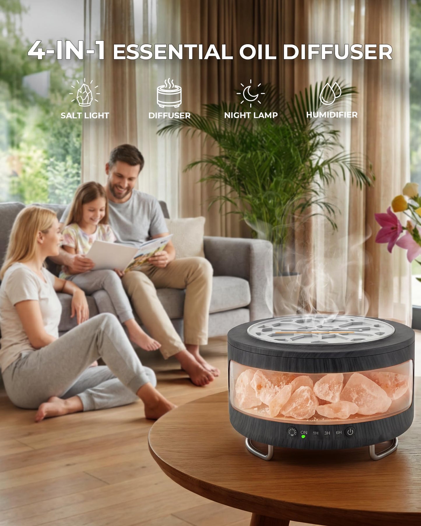 Essential Oil Diffuser with Himalayan Salt Lamp, 350ml Ultrasonic Aromatherapy Humidifier, 7 Colors LED Light, Timer & Auto Shut-Off for Home Bedroom Office Spa Yoga Black Wood Grain