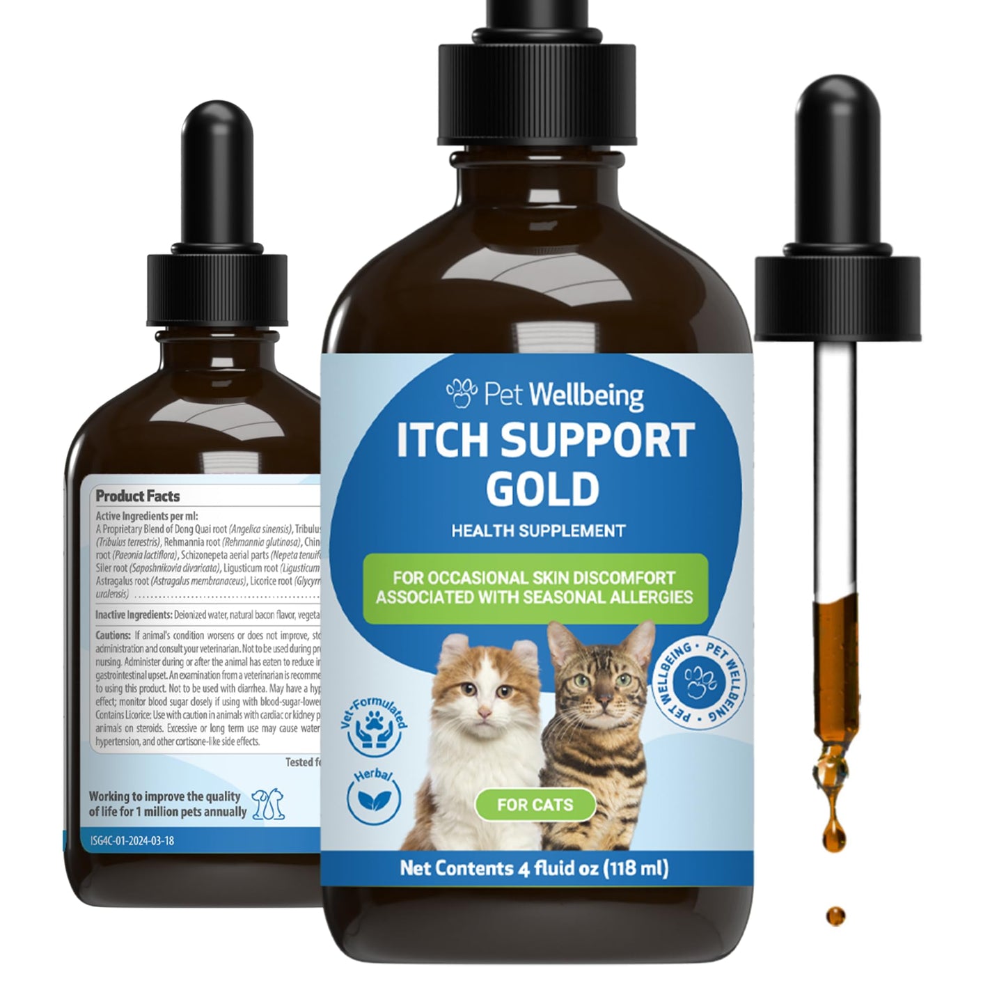 Pet Wellbeing Itch Support Gold for Cats - Occasional Itching, Scratching, and Hot Spots, Environmental and Seasonal Allergies, Dong Quai - Veterinarian-Formulated Herbal Supplement 4 oz (118 ml)