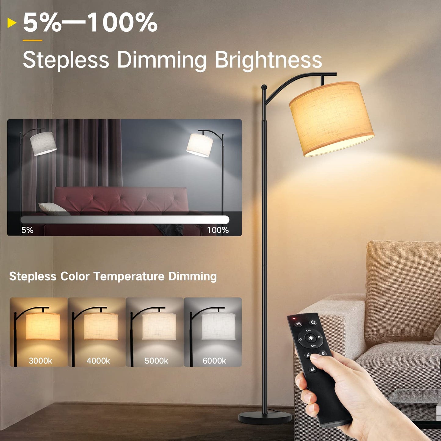 OUTON Arc Floor Lamp with Remote Control, Dimmable & 4 Color Temperatures Adjustable Modern Lamp, 810 Lumens Bulb Included, 1 Hour Timer, Reading Standing Lamp for Living Room, Bedroom, White Shade