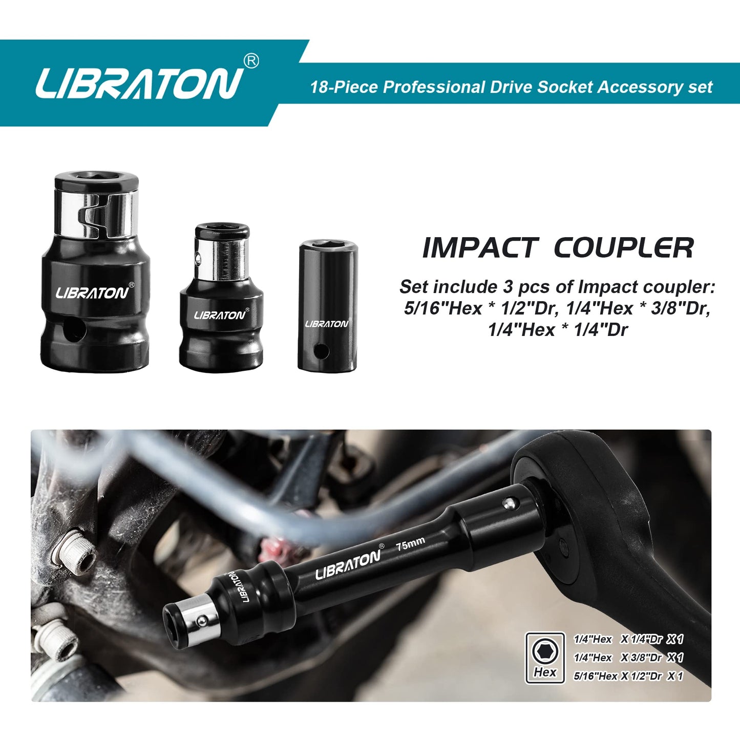 Libraton Socket Extension Set, Ratchet Extension Set, Extension Set 18PCs, Impact Extension Set, Socket Adapters, Swivel Sockets, Professional Drive Socket Accessories, 1/4 3/8 1/2