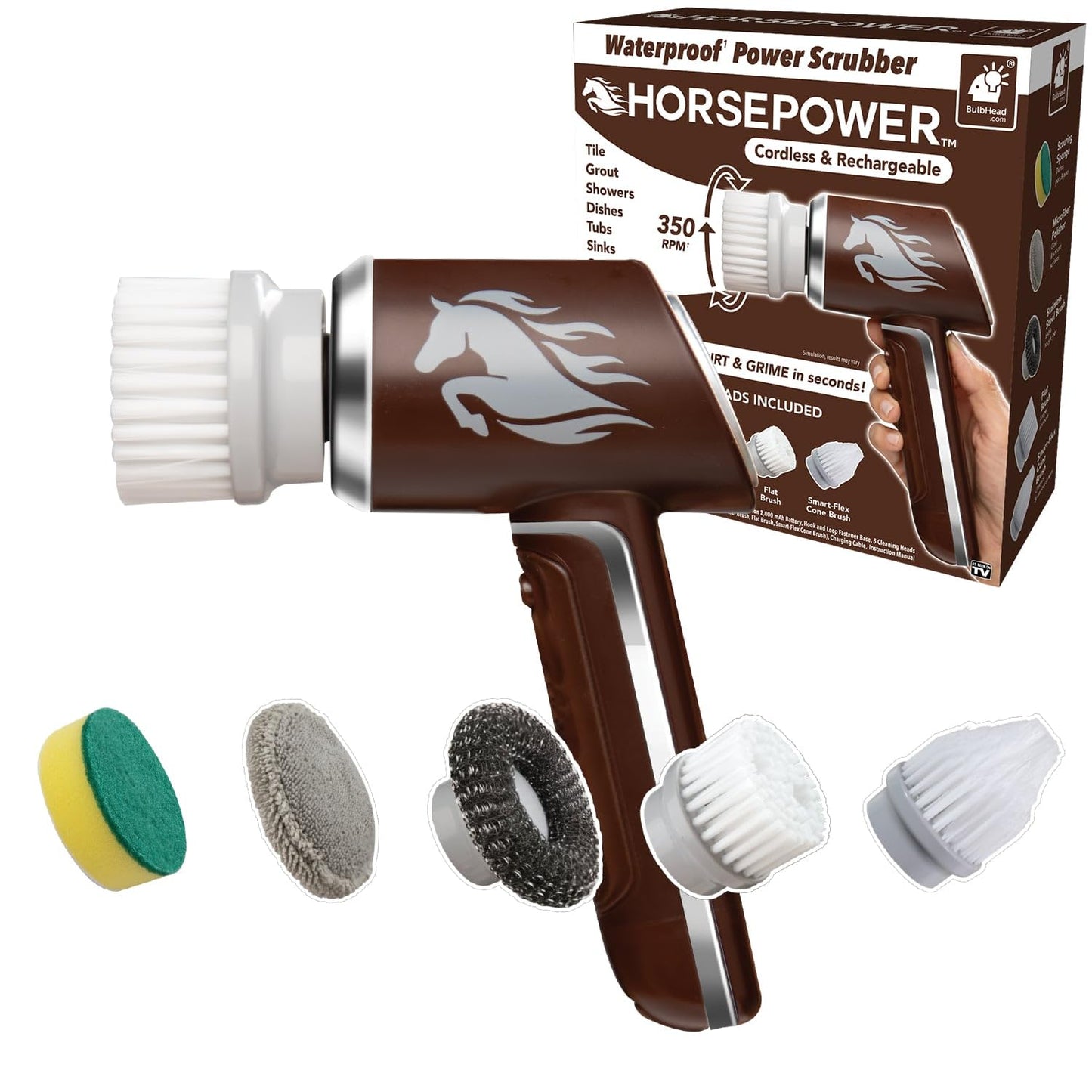 Ruby Horsepower Handheld Cordless Rechargeable Spinning Power Scrubber, AS-SEEN-ON-TV, Blasts Through Dirt & Grime in Seconds, Great for Grout, Tiles, Showers & More, 300 RPMs, Includes 5 Brush Heads