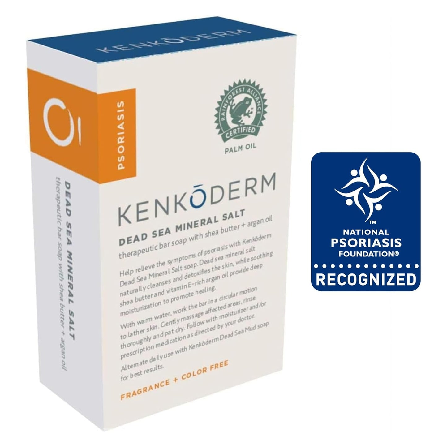 Kenkoderm Psoriasis Dead Sea Mineral Salt Soap with Argan Oil & Salicylic Acid, Natural Exfoliating Body & Face Cleanser for Sensitive Skin, Color & Fragrance Free, 4.25 Ounce, Pack of 4 Bars
