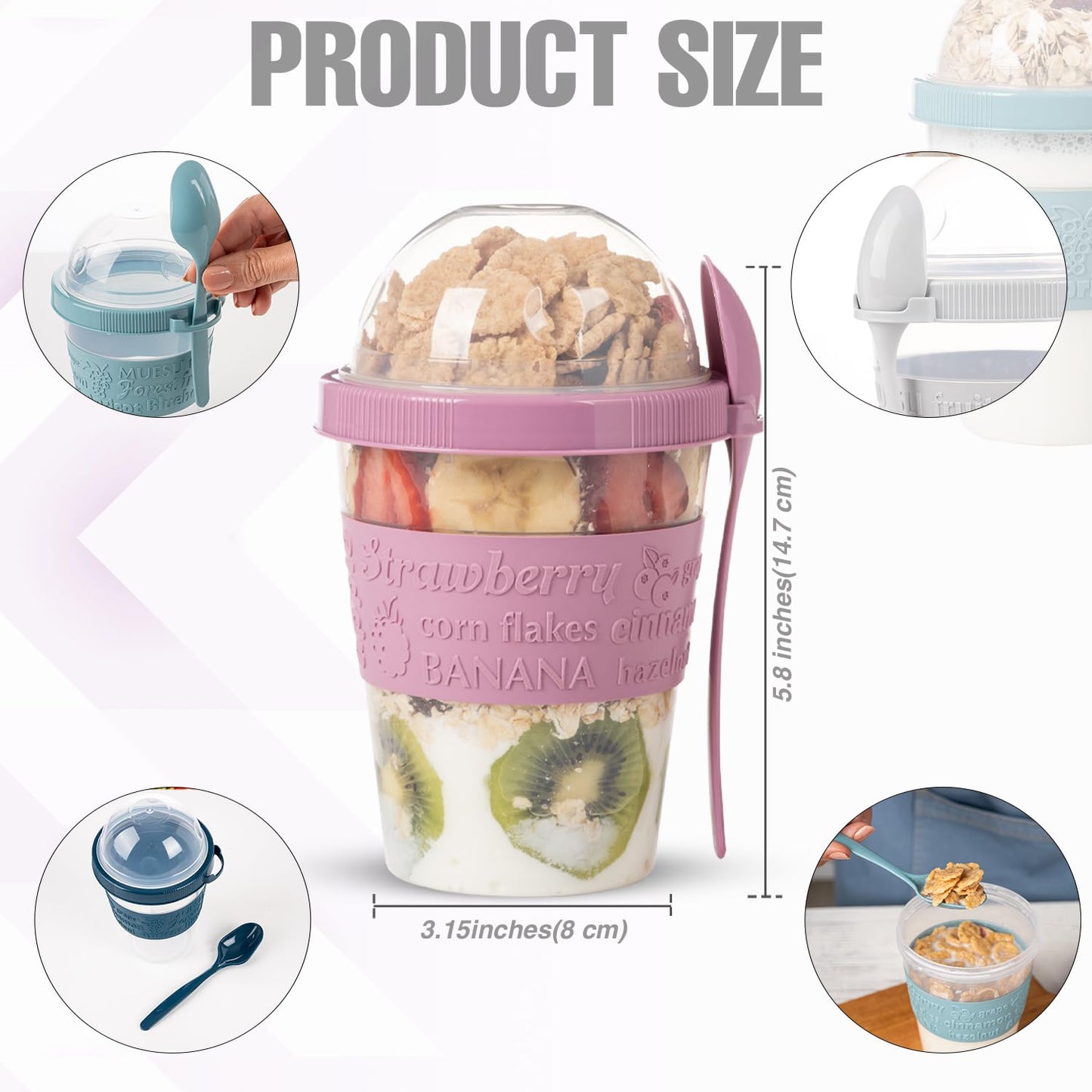 EYNEL On The Go Cereal Yogurt Cups with Lids and Spoon, Overnight Oats Container, Reusable Parfait Plastic Milk Jar Breakfast Crunch Granola Oatmeal Smoothie Snack Prep Bowl To Take Along (4 Pack)
