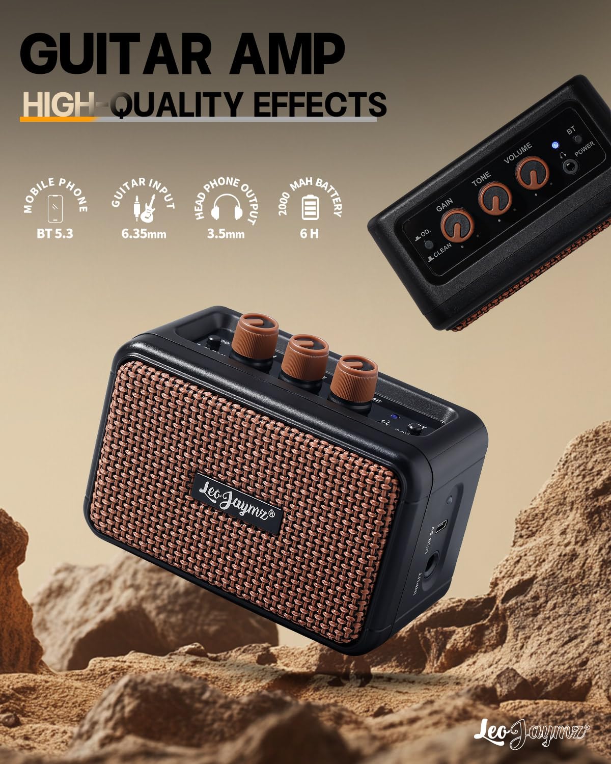 Leo Jaymz Mini Guitar Amplifier - 5W Dual Speaker BT Wireless Guitar Amp， Rechargeable Battery, Clean/Overdrive Modes, Headphone Jack,Ideal for Practice & Performance (Black)