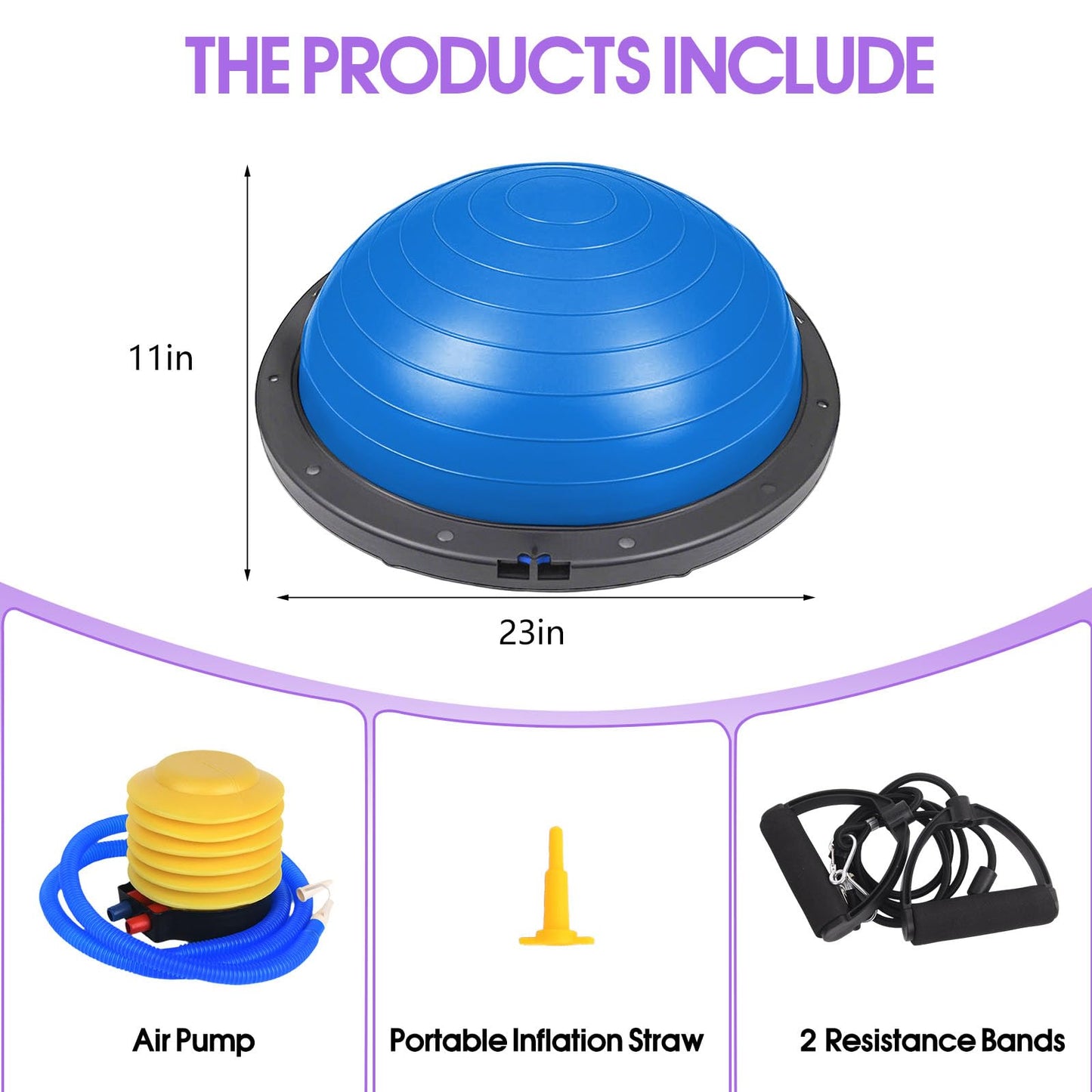 Balance Ball Trainer, 26 inch Half Exercise Ball with Resistance Bands, Home Gym Full Body Workout Equipment, Blue