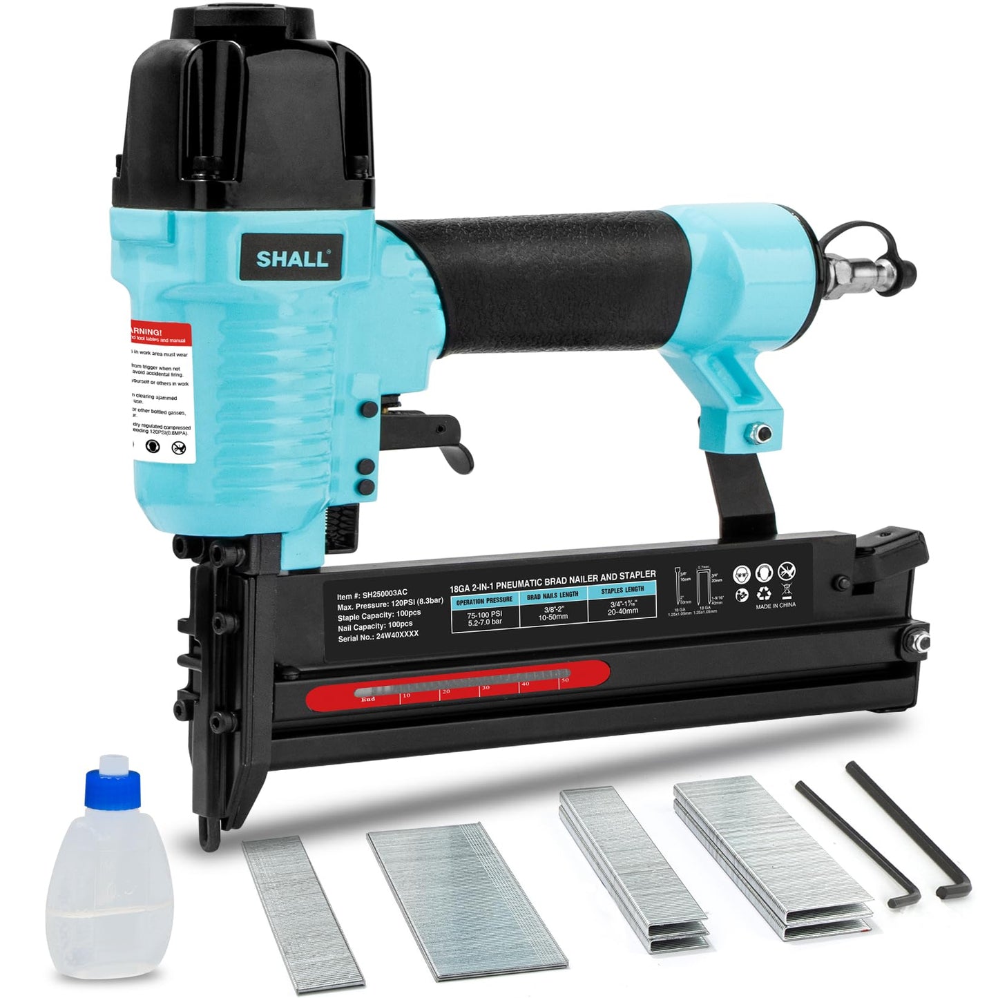 SHALL 18 Gauge Pneumatic Brad Nailer, 2 in 1, 18 GA Air Nail Gun and Crown Stapler, 800 Counts Brad Nails (1", 2") and Narrow Crown Staples (1", 1-1/2") Included, for DIY Project, Upholstery