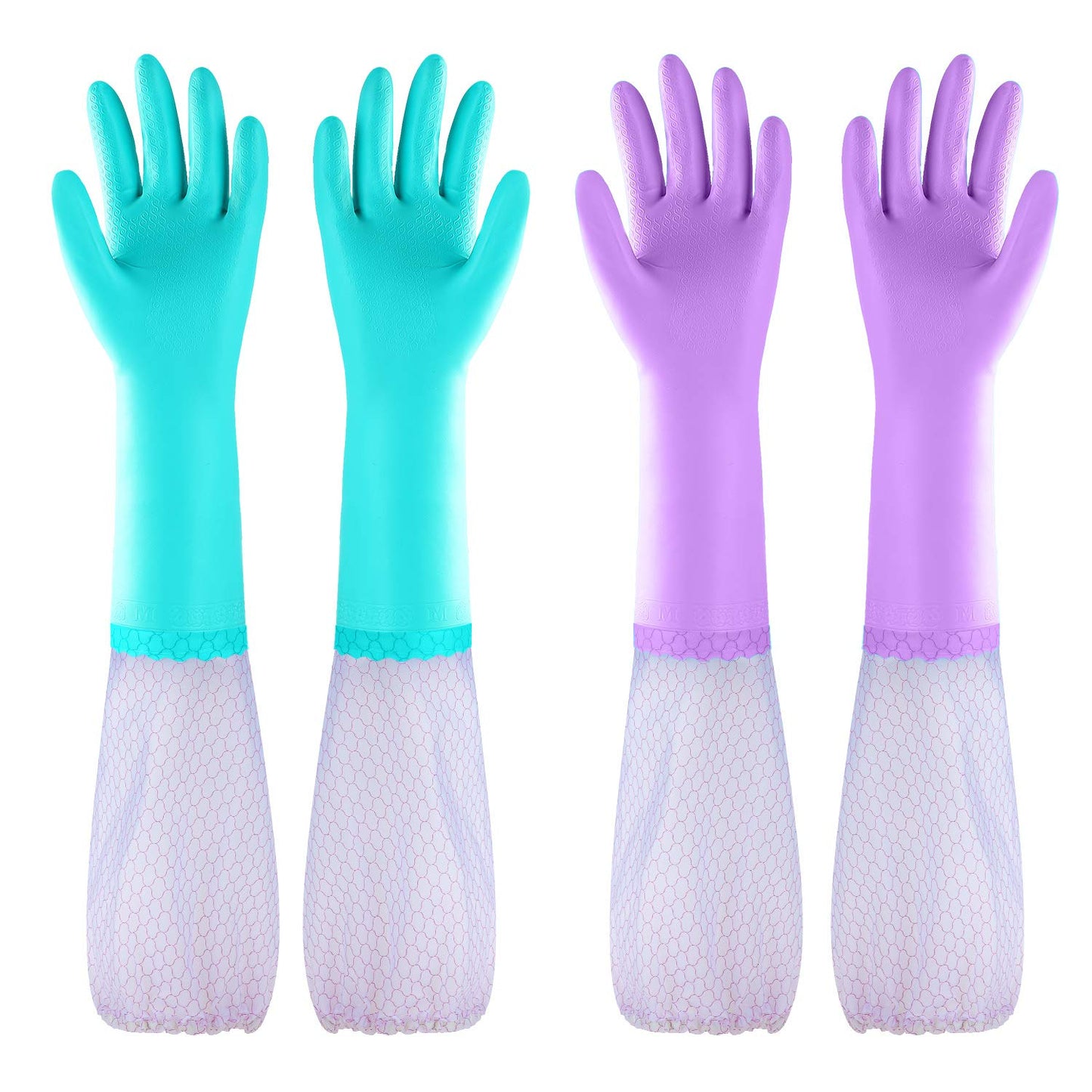 Reusable Dishwashing Cleaning Gloves with Latex Free, Long Cuff,Cotton Lining,Kitchen Gloves 2 Pairs (Large, Purple+Blue)