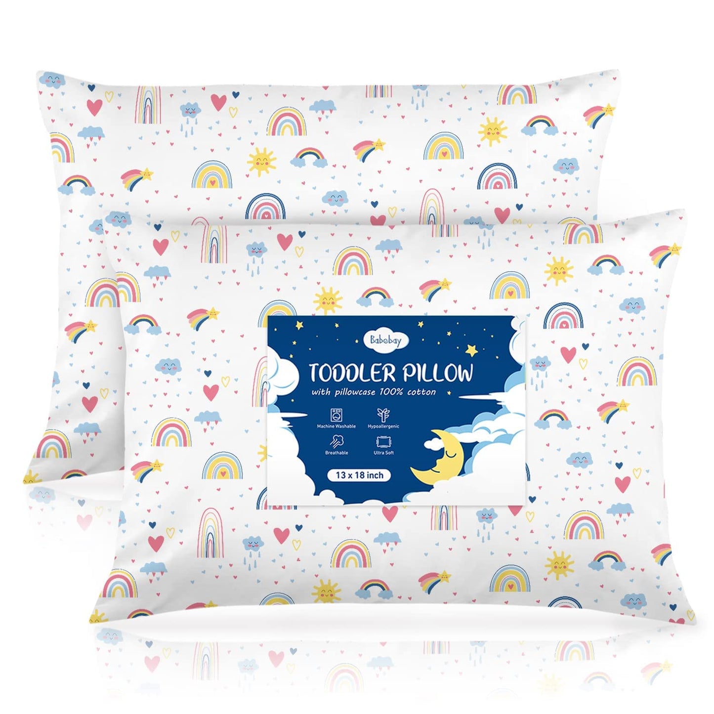 Babebay 2-Pack Toddler Pillow,13X18 Cotton Toddler Pillows for Sleeping, Machine Washable Kids Pillows with Pillowcase, Perfect for Travel, Toddlers Cot (Sunny Rainbow)