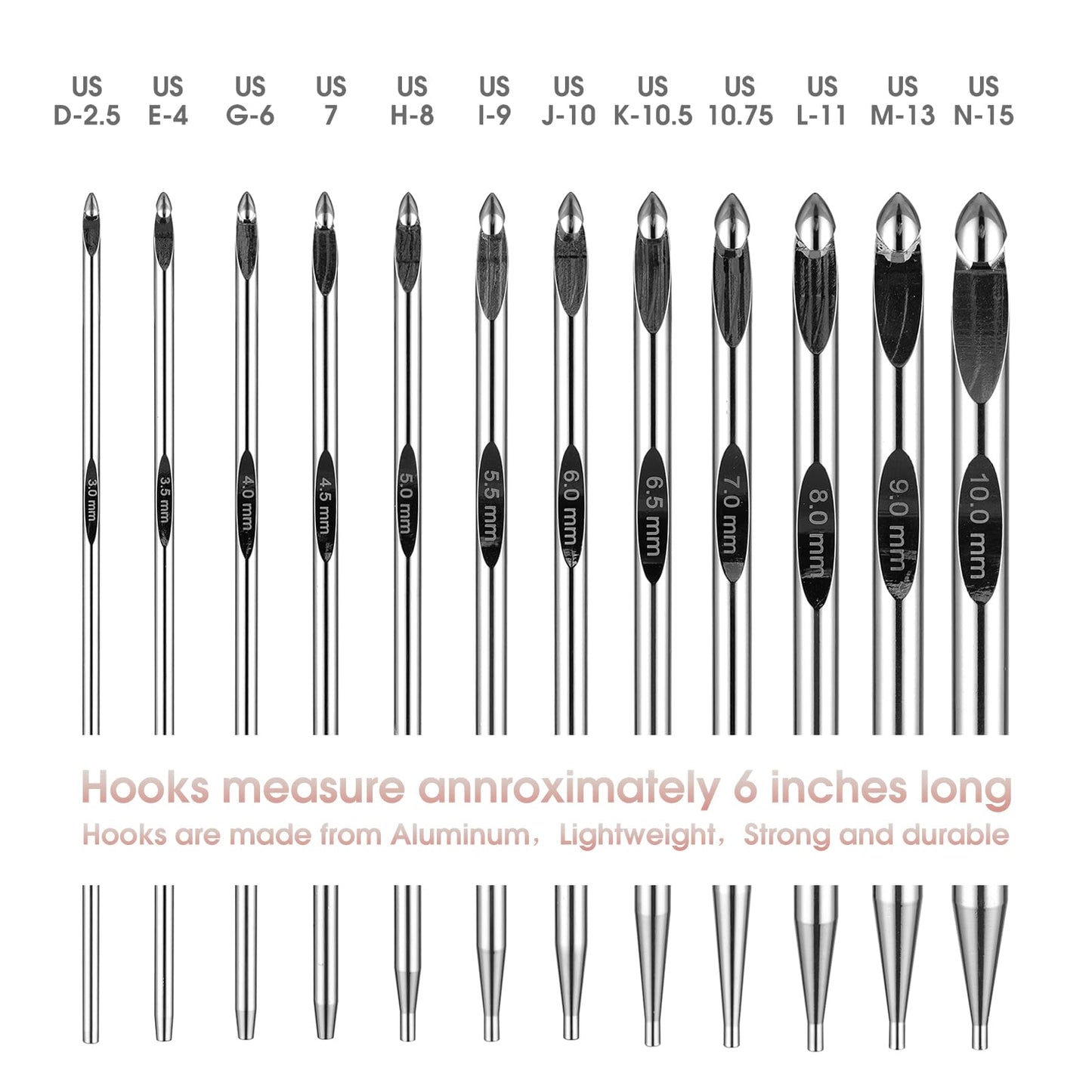 Tunisian Crochet Hooks Set with Cable 6-Inch Aluminum Interchangeable Crochet Hooks Set 3mm-10mm Long Crochet Hooks 26Pic(Pink)