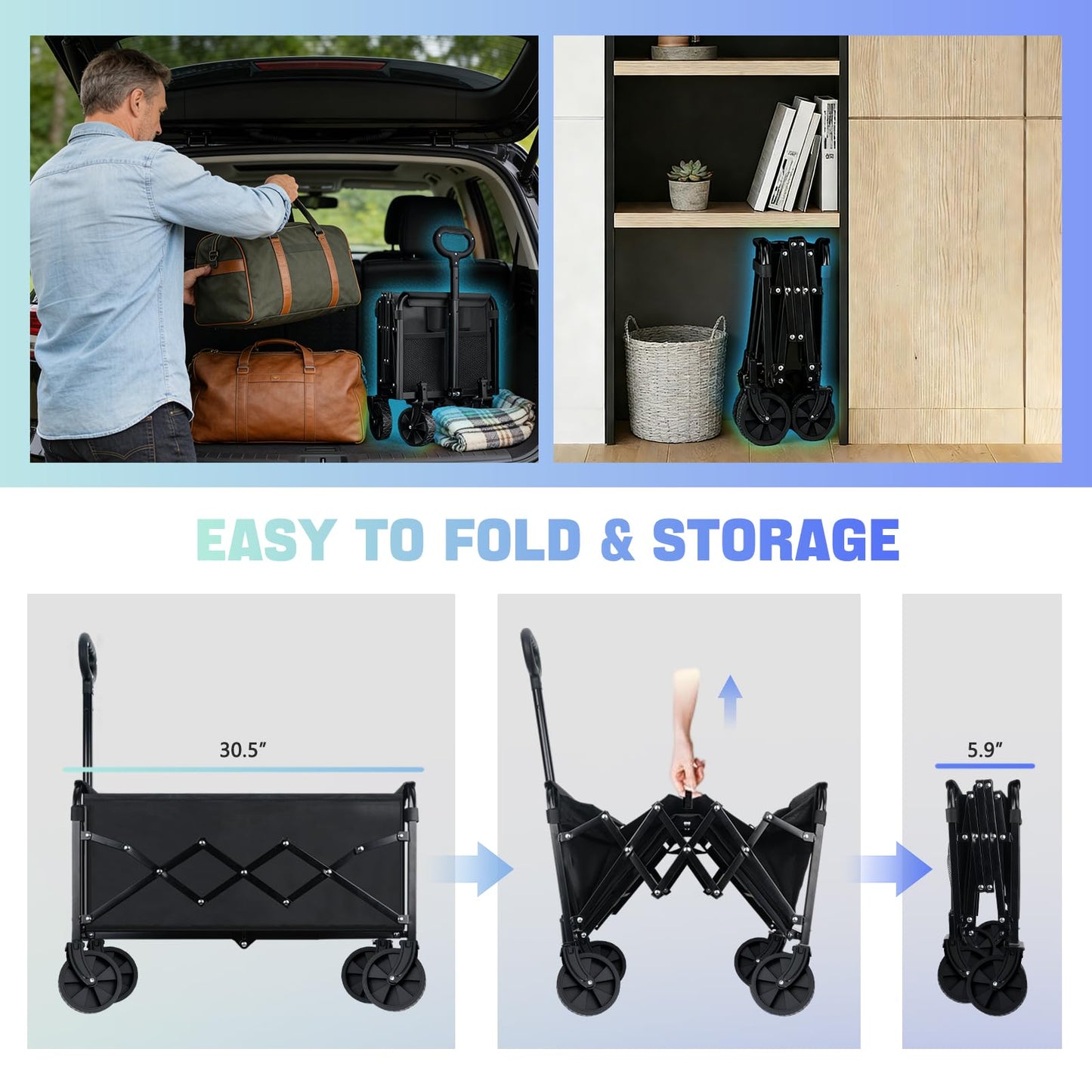 280LBS Collapsible Wagon Cart with Wheels - Heavy Duty Folding Wagon Carts for Grocery, Lightweight Utility Wagon with All-Terrain Wheels & 2 Cup Holders, Portable Beach Wagon for Shopping Garden